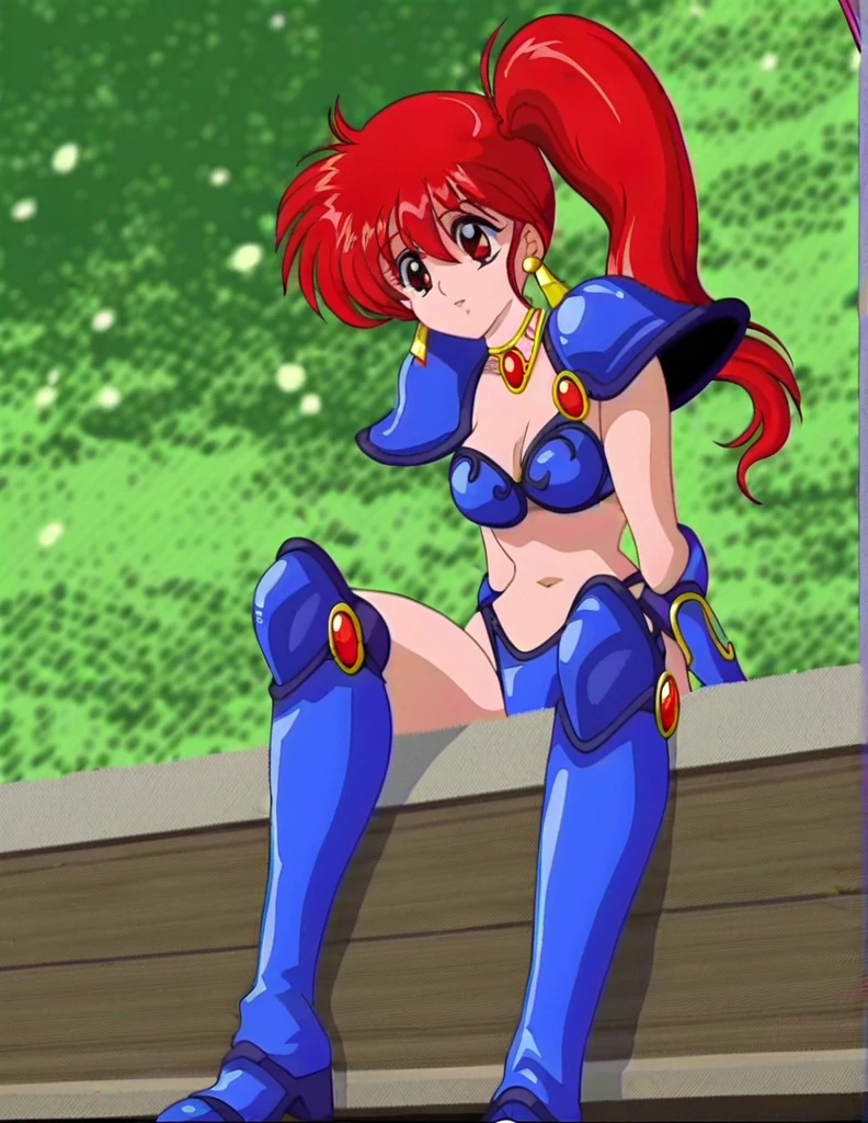 <lora:YohkoAsagiri001:0.7>,
solo,
YohkoAsagiri,1girl,red hair,Side ponytail,brown eyes,
choker,
shoulder armor,bikini_armor,
armored boots,
full body,sitting,