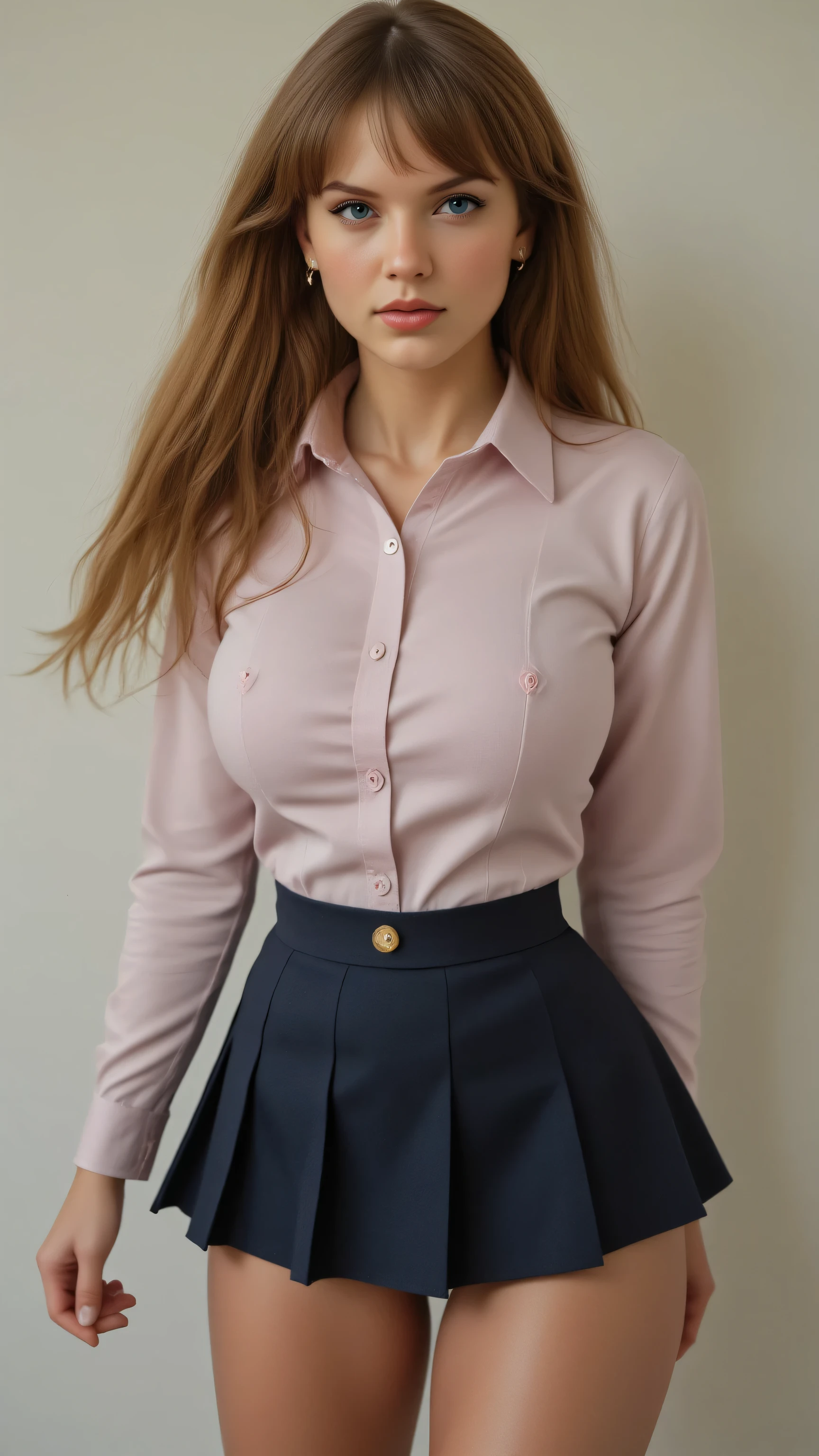 hot school girl in a short mini skirt ,school uniform facing the viewer, with short skirt and shirt very large chest size and fair in skin very large tits,big flowing auburn hair,skinny body,thin hips.topless