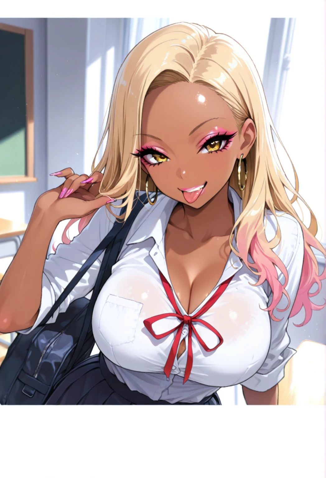 (masterpiece, best quality), 1girl, Miss, Tall, Fit, Square Face, Dark Skin, blonde Hair, pink Eyes, Straight Nose, full Lips, Receding Chin, Long Hair, Wavy Hair, gyaru hair, highlights in hair, , earrings, lipstick, gyaru, short school skirt, school shirt, deep cleavage, bra peek, wide , indoors, school classroom, being watched, showing off cleavage, (facing viewer), voluptuous, presenting cleavage, view from front,  squish,