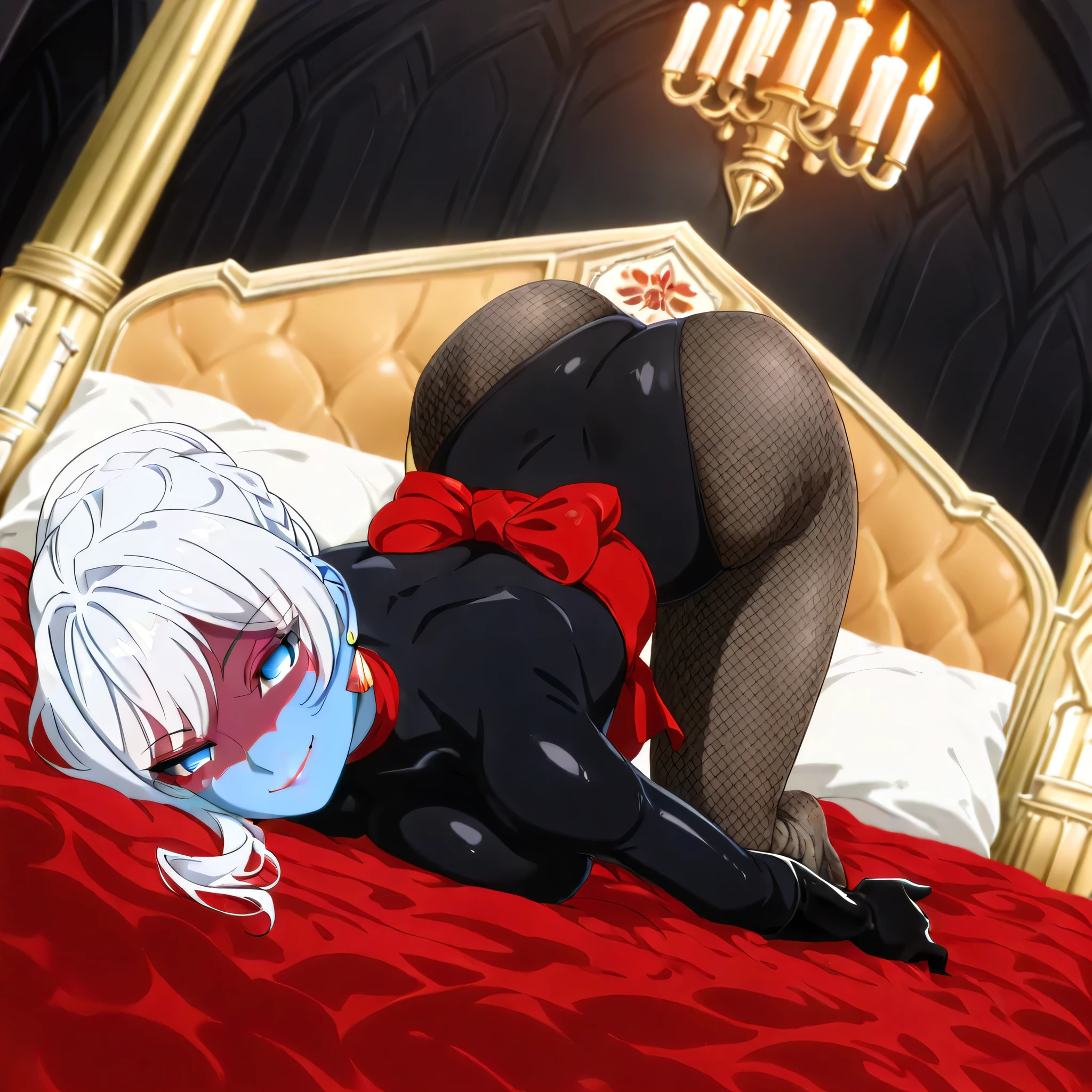(((Masterpiece))), (((Best Quality))), ((Super Detail)), ultra-High resolution, score_9,score_8_up,score_7_up,score_6_up,score_5_up,score_4_up, BREAK, source_anime, anime screencap, uncensored, Masterpiece, (best shadow), (absurdres), (detailed background), (very aesthetic), detailed beautiful eyes, outstanding, an exquisite animation illustration, curvy, highres, dark persona, empty eyes, blank eyes, shocker, black leotard, latex elbow gloves, brown fishnet pantyhose, blue skin, colored skin, red sash, makeup, shaded face, red skin, (((solo, 1girl))), hair ornament, seductive pose, submissive pose, anime style, anime coloring, animification, megami magazine, sexy pose, large breast, blue eyes, white hair, braid, single hair bun, earrings, cinematic angle, dynamic angle, dutch angle, ass, from back, from behind, looking from back, view from back, all fours, crawling, crawls, wink, smile, tilt head, head tilt, bed, bedroom, palace, royal, messy room, happy, blanket, candle, night, dark room, full body, pillow, luxury bed, closed mouth, seductive smile,