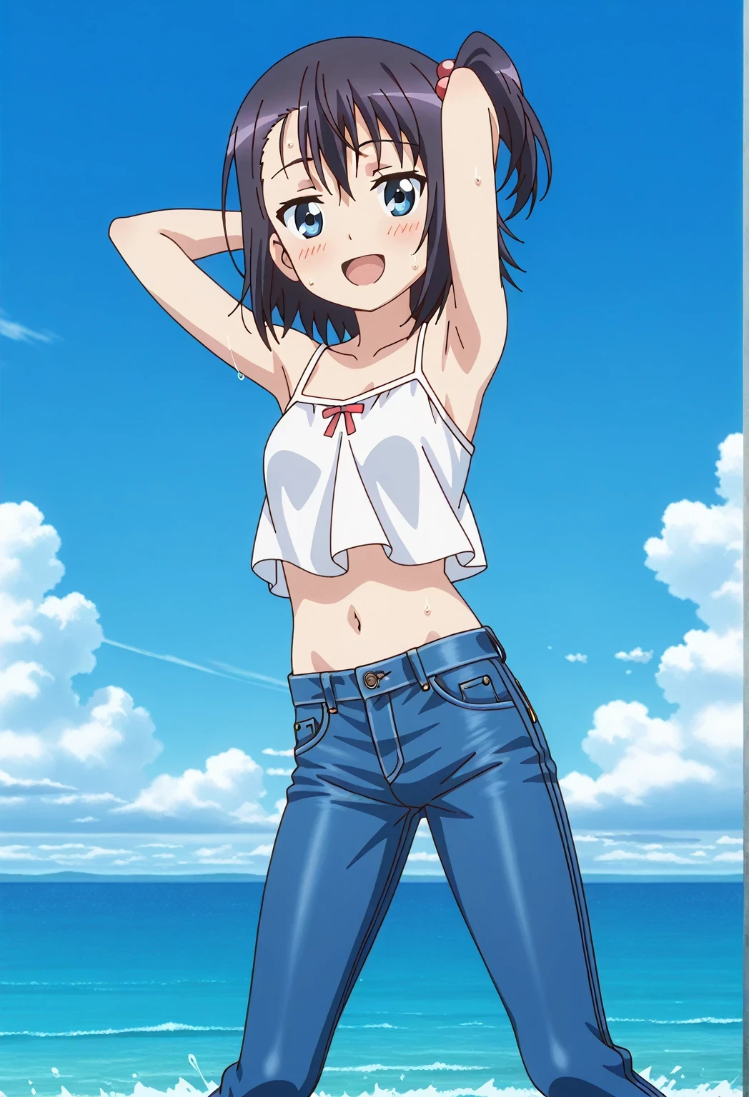 score_9, score_8_up, score_7_up, source_anime, highres, hi res, ((best quality, top quality, perfect quality, Highest Quality, amazing quality)), {{masterpiece}}, {{an extremely delicate and beautiful}}, 2d, intricate details, official style, anime, 8k, anime style, official_anime, official art, digital painting, cell shading, soft shading, high resolution, soothing tones, Subdued Color, Soft cinematic light, adobe lightroom, photolab, HDR, intricately and hyper-detailed, ((high quality animation)), 1 girl, Alone, solo, ((ocean)), tsunami, on the water, day, sunny, outdoors, sky, windy, hikage miyauchi, short hair, blue eyes, black hair, side ponytail, one side up, anime screencap, small breasts, white camisole top, crop top, white crop top, best quality, hyper-detailed jeans, ((blue jeans:1.9)), (dark blue jeans:0.6), full medium body, medium shot, Open mouth, smiling, happy face, blush, sweat, standing, ((arms behind head:6.0)), ((perfect arm line:2.5)), bowlegged, jumping pose, action, looking at viewer, spread legs, Bend knees slightly, straight-on front view