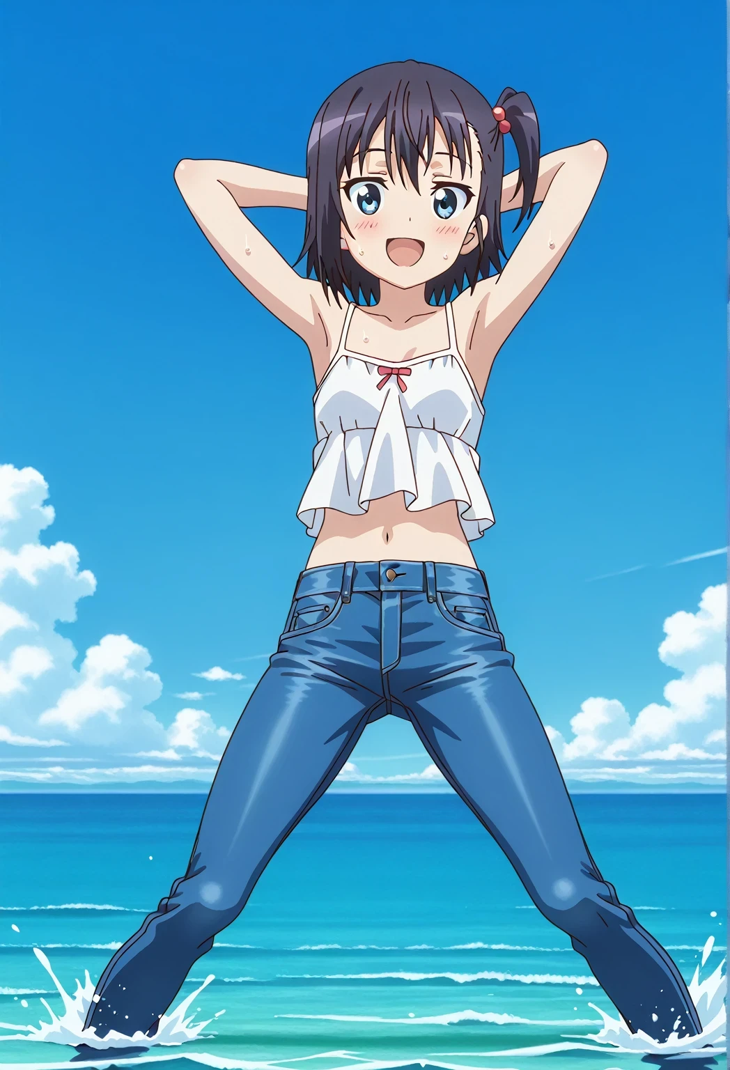 score_9, score_8_up, score_7_up, source_anime, highres, hi res, ((best quality, top quality, perfect quality, Highest Quality, amazing quality)), {{masterpiece}}, {{an extremely delicate and beautiful}}, 2d, intricate details, official style, anime, 8k, anime style, official_anime, official art, digital painting, cell shading, soft shading, high resolution, soothing tones, Subdued Color, Soft cinematic light, adobe lightroom, photolab, HDR, intricately and hyper-detailed, ((high quality animation)), 1 girl, Alone, solo, ((ocean)), tsunami, on the water, day, sunny, outdoors, sky, windy, hikage miyauchi, short hair, blue eyes, black hair, side ponytail, one side up, anime screencap, small breasts, white camisole top, crop top, white crop top, best quality, hyper-detailed jeans, ((blue jeans:1.9)), (dark blue jeans:0.6), full medium body, medium shot, Open mouth, smiling, happy face, blush, sweat, standing, ((arms behind head:6.0)), ((perfect arm line:2.5)), bowlegged, jumping pose, action, looking at viewer, spread legs, Bend knees slightly, straight-on front view