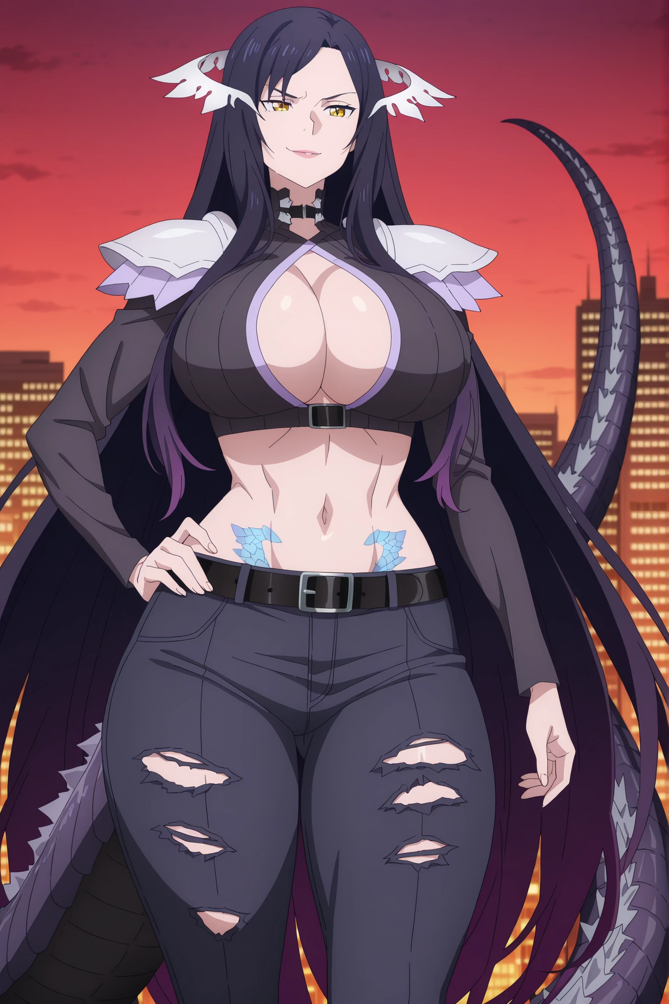 newest , masterpiece , anime screencap , anime coloring , masterpiece, best quality, kajiu quinella, 1girl,Mature female, attractive face, detailed face, milf, motherly, long hair, black hair, hair black ornament, cleavage, sidelocks, yellow eyes, black tail, black large tail, black long tail, black very long tail, attractive face, detailed face, ractical body shape, glamorous bodies, attractive bodies, motherly, big Curvy, Slutty, Neat, big breasts, big buttocks, wide Butt, thick thighs, Toned thighs, smile Lips, ((Godzilla 2014 \(Godzilla\) \(cosplay\), black long sleeves, navel, pants, personification, solo, standing, black torn clothes, black torn pants, scale on body, scaled shoulder pads, black belt, black belt buckle, black buckle, glowing, hair between eyes, hand on own hip, Godzilla Legendary, annoyed giant, giantess, city, city dwarfing, micro city, cityscape, red sunset city,