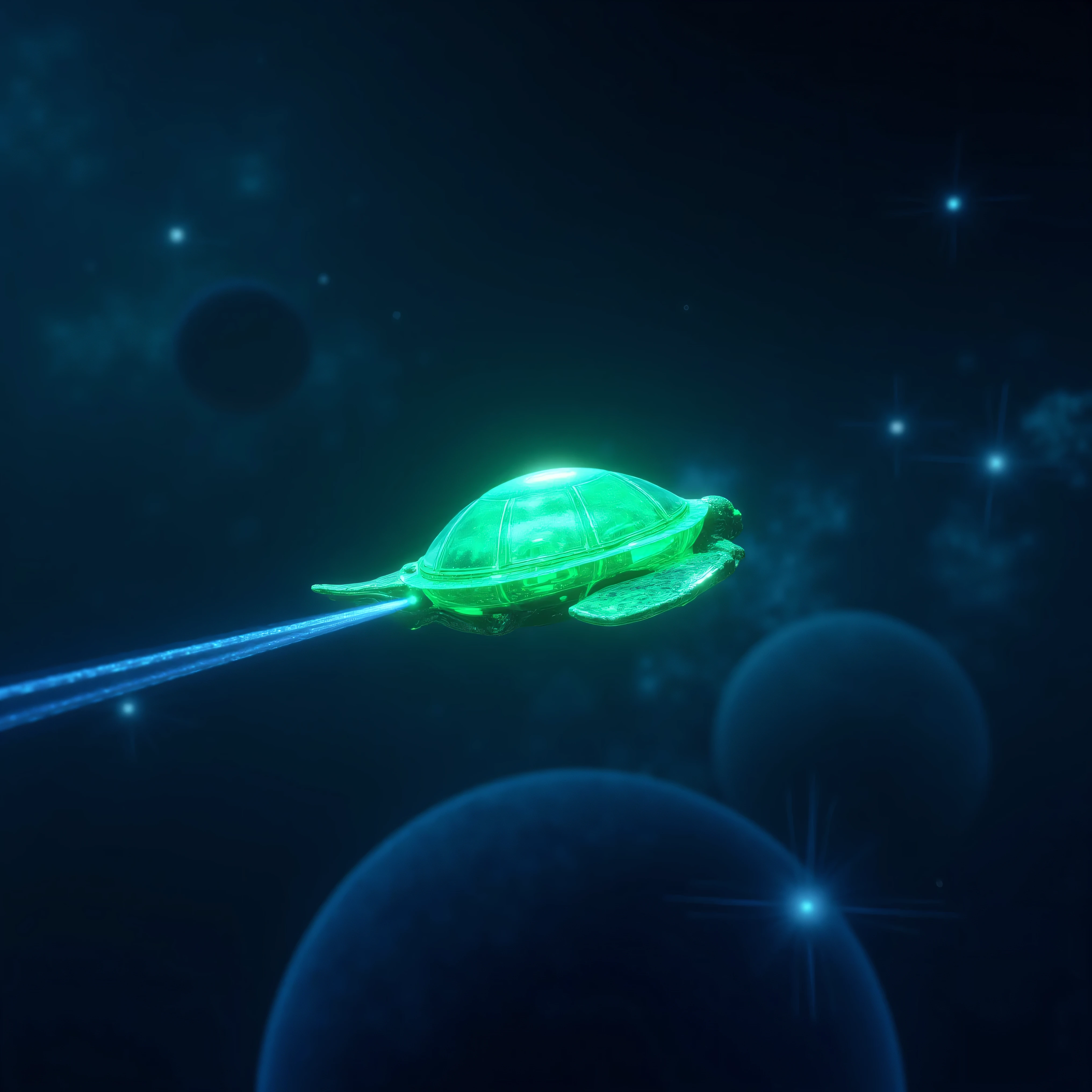 An illuminated spacecraft soars through space looking like a neon green holographic, translucent turtle shell, it has life forms inside that can be seen. Bright blue planets and a few stars can be seen in the background. Ultra-realistic, photo-realistic, ultra-detailed, physically-based rendering, 3D rendered realism, UHDR, hyperrealistic, startling presence, icon style, dramatic effects, trails of color and light disperse from it as or passes by.