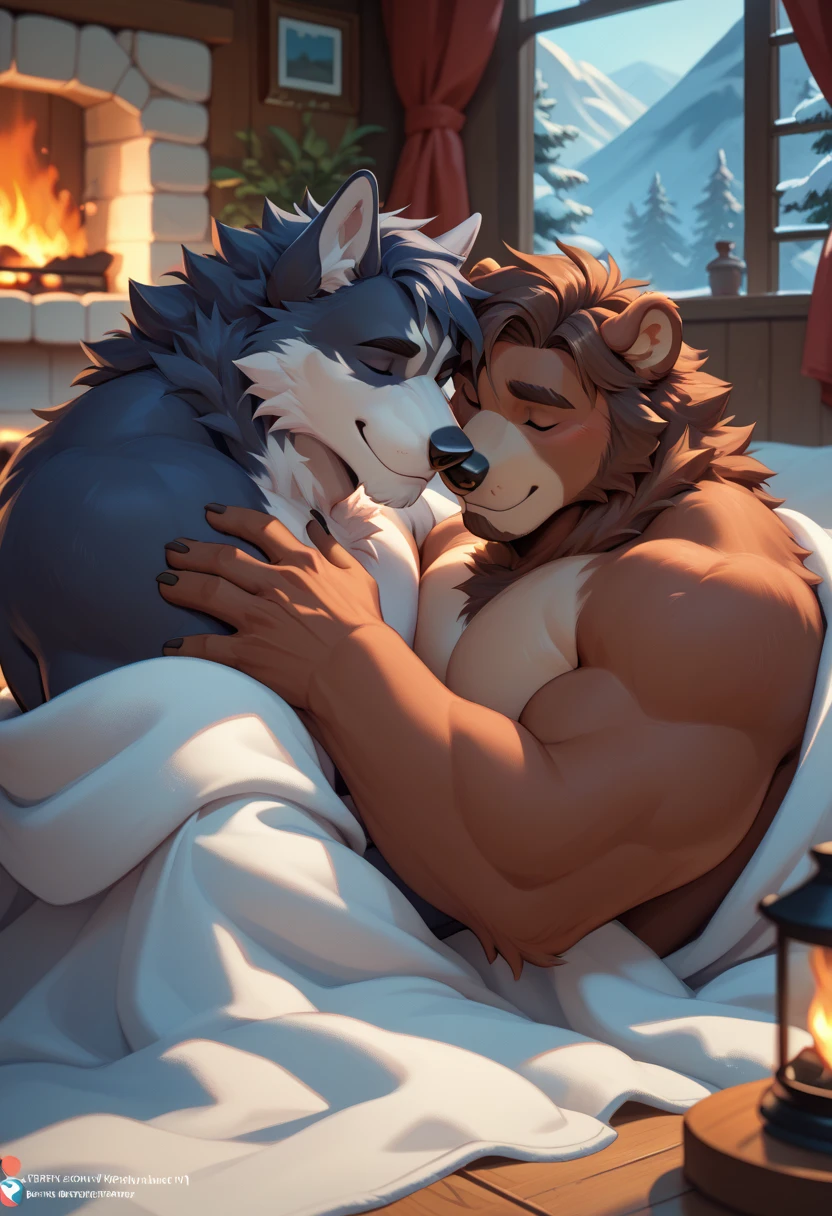 2 obese extremely overweight blue wolf wearing black tight  with a big gut, big pecs, big arms, large legs and big ass hugging like a loving couple, they crushed each other with their bellies against a bed in a school bedroom. Big fat ass. Lying down belly to belly hugging. Hugging with love. Overweight belly against overweight belly. Belly to belly. Kissing with love. Love fat. Love overweight. In front of each other. Belly to belly. Face to face. Belly to belly.