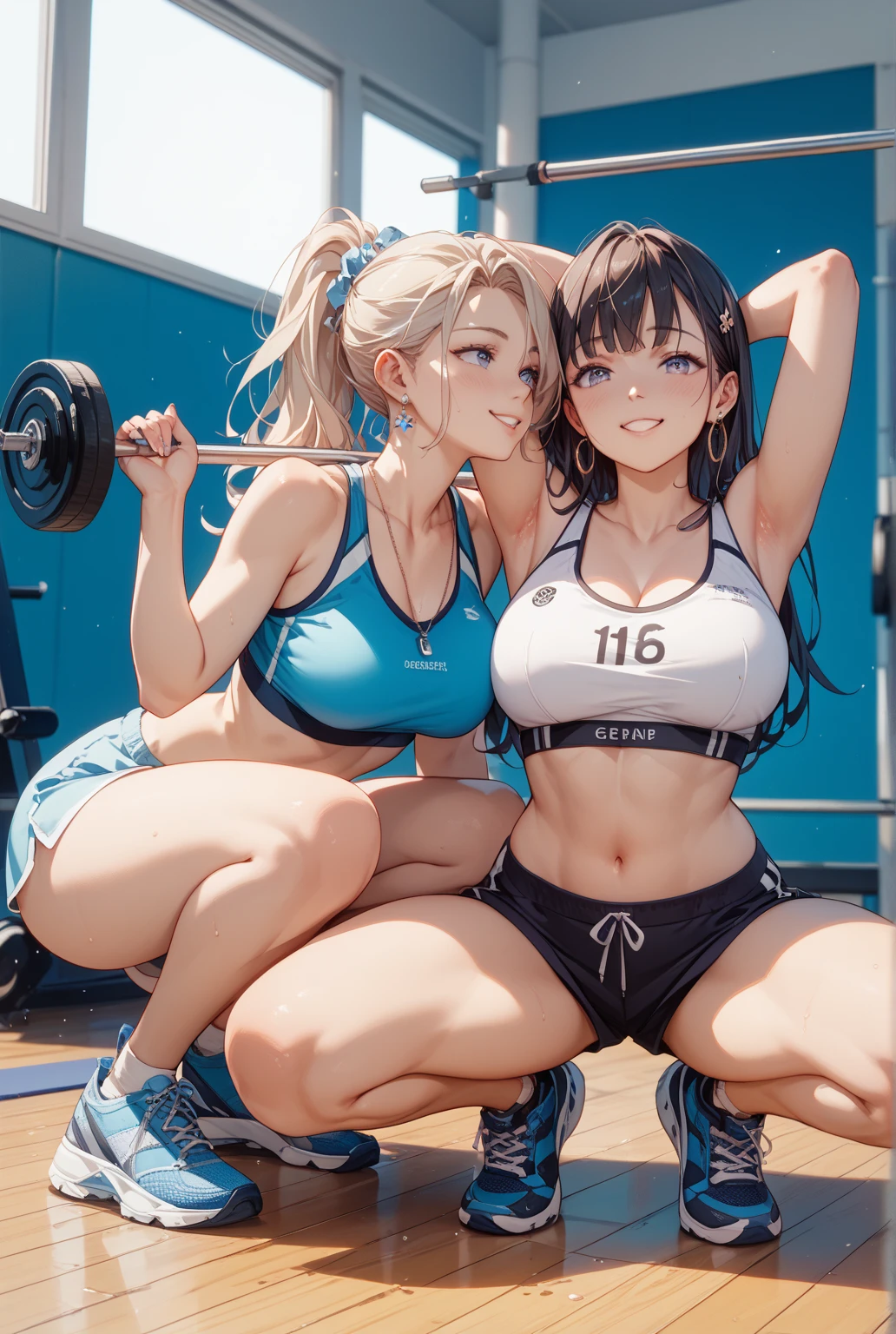 （8k ，Super detailed，Best masterpiece，nature，perfect work of art，perfect female figure），two women，sister and younger sister， sisters，rainbow hair，perfect face，（huge ），neighbor wife，woman hairstyle，elegant wife，Sophisticated and revealing ，20 years old，White skin，messy hair，perfect ???? body，Tone，flirtatious，very big ，Willow Yao，see through ???????，??????，tennis player，Wearing ultra-short tennis sportswear，open ?????，T-shaped small，Melted clothes，on the tennis court，Holding tennis racket，Detail background，necklace，perfect eyes，，T-shaped small size，huge big