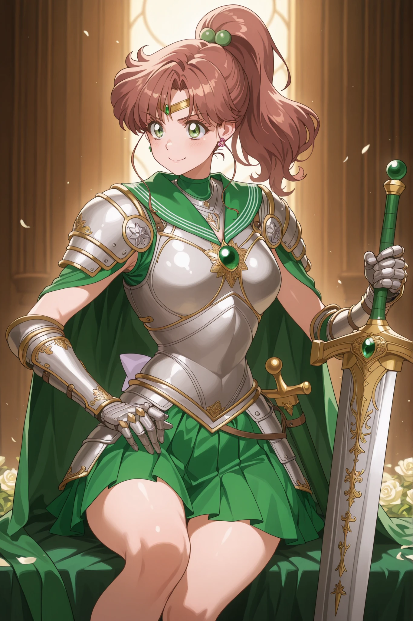 Masterpiece, 1girl, solo, sailor jupiter, medium hair, brown hair, high ponytail, hair ornament, sidelocks, green eyes, flower earrings, circlet, armored_dress ,{scale|plate} armor,ail Coif|Gorget} ,{1-3$$ shoulder armor,| gauntlets,| pauldrons|green cape | capelet, | hood down, | scabbard, |burqa|robe },{standing| sitting | fighting stance, | riding_horse | curvy, } ,{1-2$$ Breastplate|Backplate|Cuirass|Plackart|Fauld|Besagew|Pauldron|Spaulder|Mail Hauberk|Gorget|Culet|Tassets|Mail Skirt} ,{1-2$$ Rerebrace|Vambrace|Couter|Gauntlet|Finger Gauntlet|Bracer} ,{1-2$$ Fauld|Plackart|Tassets|Culet|Mail Skirt} ,{1-2$$ Cuisses|Poleyn|Greave|Sabaton|Solleret}, holding great sword, smile,