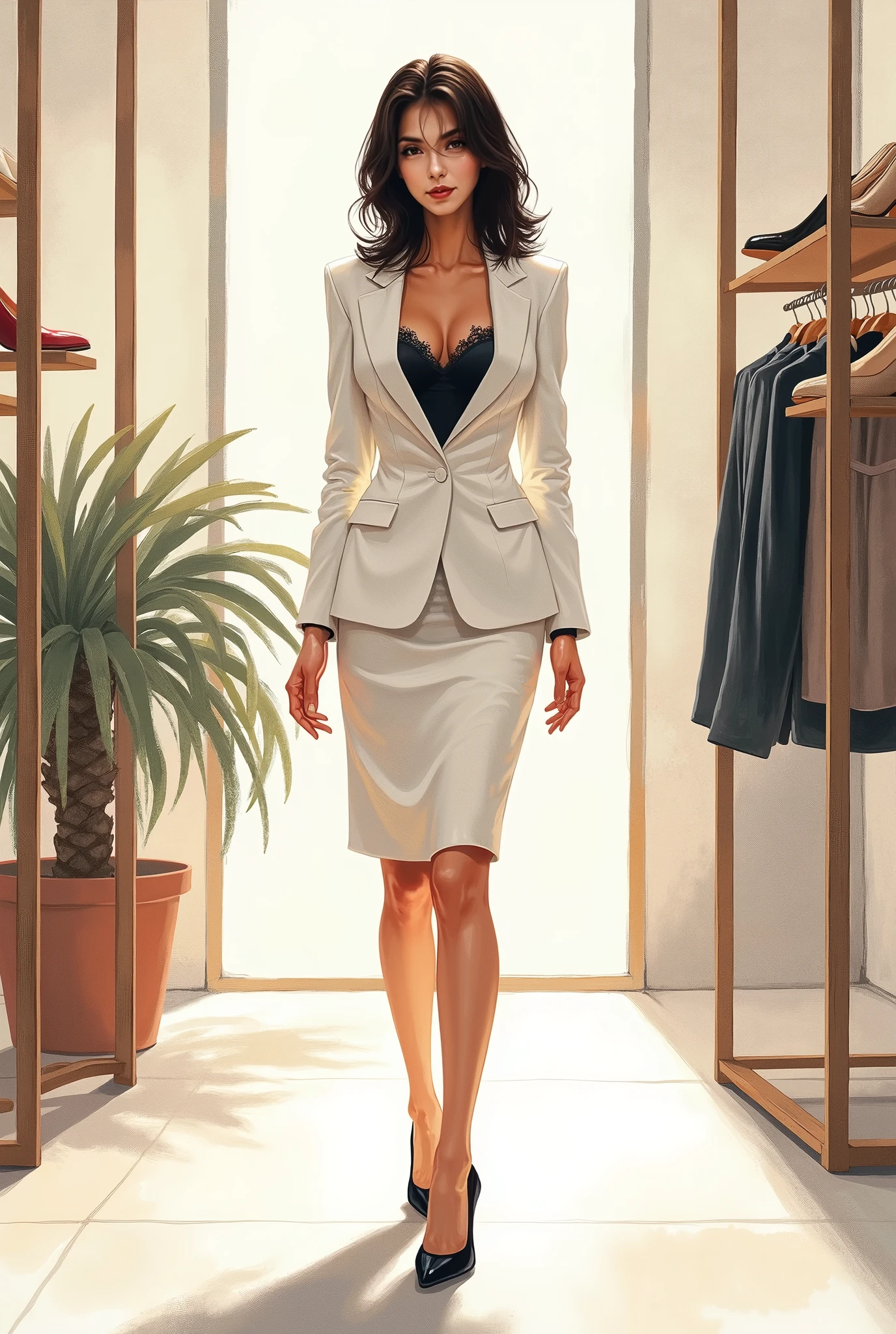 （:1.7）、(1. mature woman、68 years old)、1m67 、Female CEO、 膝丈ofグレータイトスカートが付いた白スーツ、 黒ブラウスof後で、ベージュofパンティストッキングを着用する、Button removed、 黒いレースofブラが見える 、(((明るいお洒落な靴屋さんof店内で立ったまま前屈みになりハイヒール試着する女性:1.3)))、(((肌色ofパンスト姿of女性 :1.3)))、erotic art、 smaller 、watercolor、 Ink painting accent     、 art work、 beautiful legs、セクシーで細身of体、(pubic hair)、 dark hair、ミディアムヘアpubic hair , Woman sitting in office chair  {of} 足元of床に靴と靴of入った箱を置いている Woman sitting in office chair  , bourgeois,  fashion hidden in the sand  , Stock photo  , Postminimalism       , {{ take off high heels 、  black high heels at the back of the stairs }} 、 People who spread their arms out and stare々   、 半裸of 、    secretly seduces her by raising her shirt    、