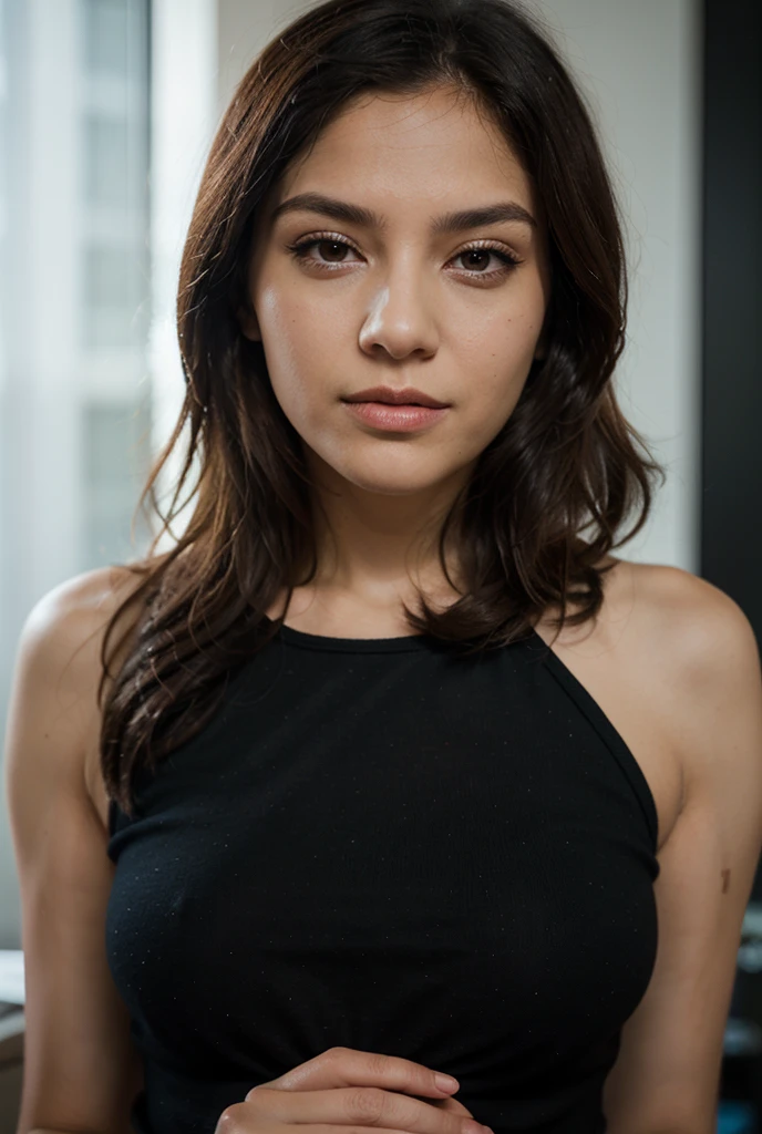 full body shot, white skin, small , saggy , pubic hair is black, hairy , pubic is hairy, black hair, shoulder length straight hair, (editorial photograph of a 21 year old woman), full , (highly detailed face:1.4) (smile:0.7) (background inside dark, moody, private study:1.3) POV, nikon d850, film stock photograph ,4 kodak portra 400 ,camera f1.6 lens ,rich colors ,hyper realistic ,lifelike texture, bright lighting , cinestill 800,