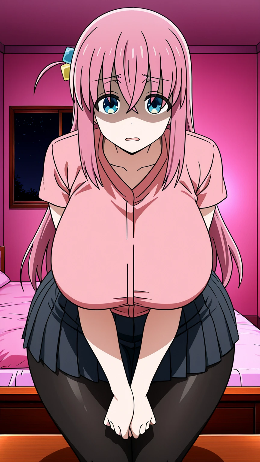 score_9, score_8_up, score_7_up, score_6_up, score_5_up, score_4_up, 
simple background, gradient background, 
refraction, caustics, rim lights, backlighting, bloom, 
BREAK
source_anime, day, outdoors, sky, sunset, evening, shibuya_\(tokyo\), outdoors, 
real world location, city, cloud, scenery, building, traffic light, blue sky, alley, 
BREAK
gotoh hitori, bocchi the rock!, 
1girl, solo, pink hair, blue eyes, blush, flustered, shy, open mouth, 
very long hair, hair between eyes, one side up, sidelocks, bangs, cube hair ornament, 
pink jacket, track jacket, pleated skirt, long sleeves, partially unzipped, open jacket, 
white micro , large , covered , collarbone, cleavage, navel, 
, sweat, , 
looking at viewer, cowboy shot, pose, perspective, squatting, , arms behind head, from below, close-up,  focus, 
<lora:Chamchami-v1-PDXL:1>