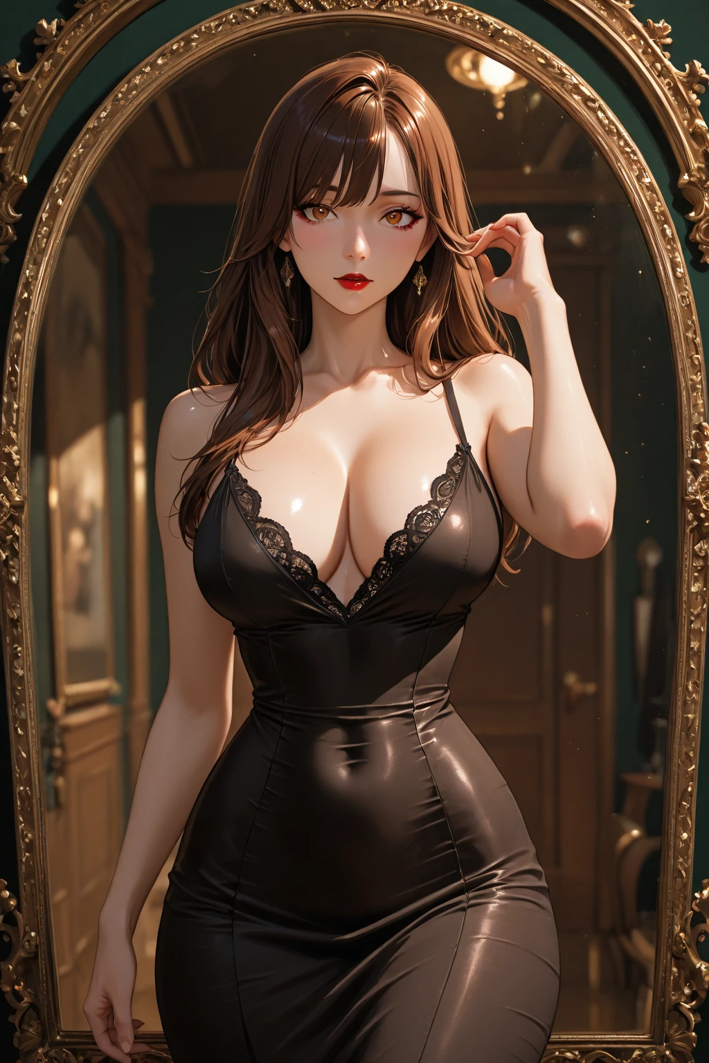 1girl,elise,Pantyhose,( lace vest), (see-through shirt:1.4) shirt,outdoors,jewelry,grace,(((red-lips))), slightly parted lips, ???? smile,  clavicle,(????????????),Charming cleavage,((8k, RAW photos, top quality, masterpieces), high-definition RAW color photos professional close-up photos, (realistic, photorealism: 1.37), (highest quality),8K,soft sunlight, solo,