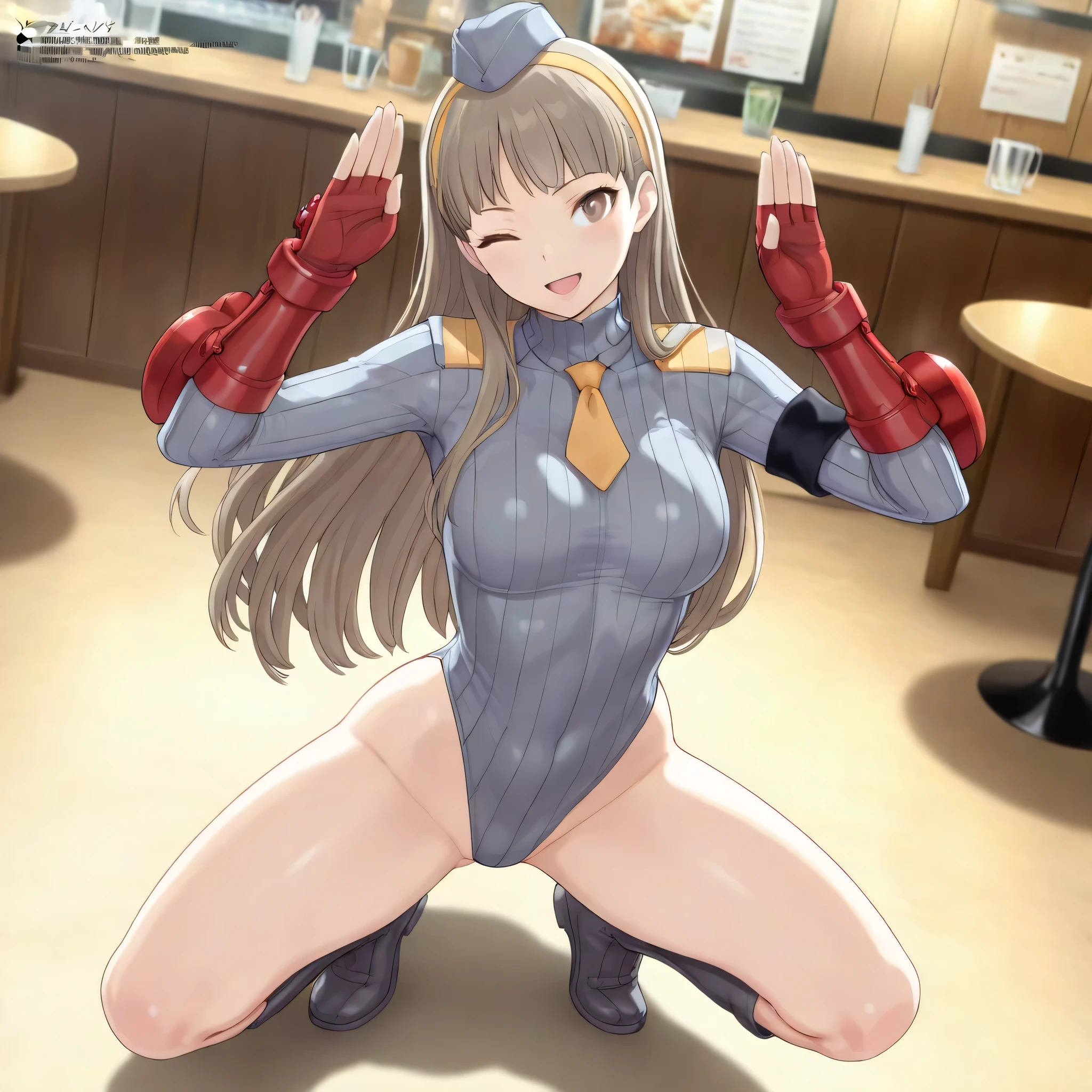 (((Masterpiece))), (((Best Quality))), ((Super Detail)), ultra-High resolution, score_9,score_8_up,score_7_up,score_6_up,score_5_up,score_4_up, BREAK, source_anime, anime screencap, uncensored, Masterpiece, (best shadow), (absurdres), (detailed background), (very aesthetic), shiny, detailed beautiful eyes, outstanding, countershading, detailed soft lighting, an exquisite animation illustration, curvy, shadaloo dolls, red gloves, hat, fingerless gloves, gauntlet, red gauntlet, leotard, cosplay, highleg, highleg leotard, garrison cap, dark persona, ribbed leotard, yellow necktie, (((solo, 1girl))), hair ornament, seductive pose, submissive pose, anime style, anime coloring, animification, megami magazine, sexy pose, medium breast, misonoinori, long hair, hairband, amagi yukiko, very long hair, straight hair, light brown hair, light brown eyes, looking from above, view from above, from above, wink, smile, open mouth, tilt head, head tilt, bunny, bunny pose, wink, cafe, indoor, party, happy, full body,  dynamic angle, cinematic angle, dutch angle, squatting, crouching