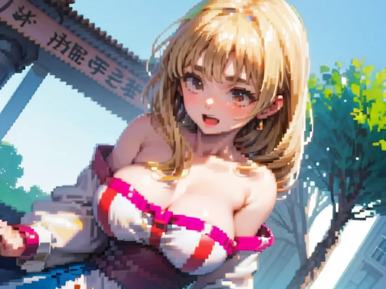 ((highest quality、High resolution))、Portrait、A beautiful woman、Perfect body、Beautiful ample breasts、Long blonde、bangs、Blue and white、Embellished blue  dress、skirt、Sexually excited facial expression、Nipples、Love juice、No panties、((Two beauties showing their pussies))、I'm inviting you to have sex、Outdoor Scenery