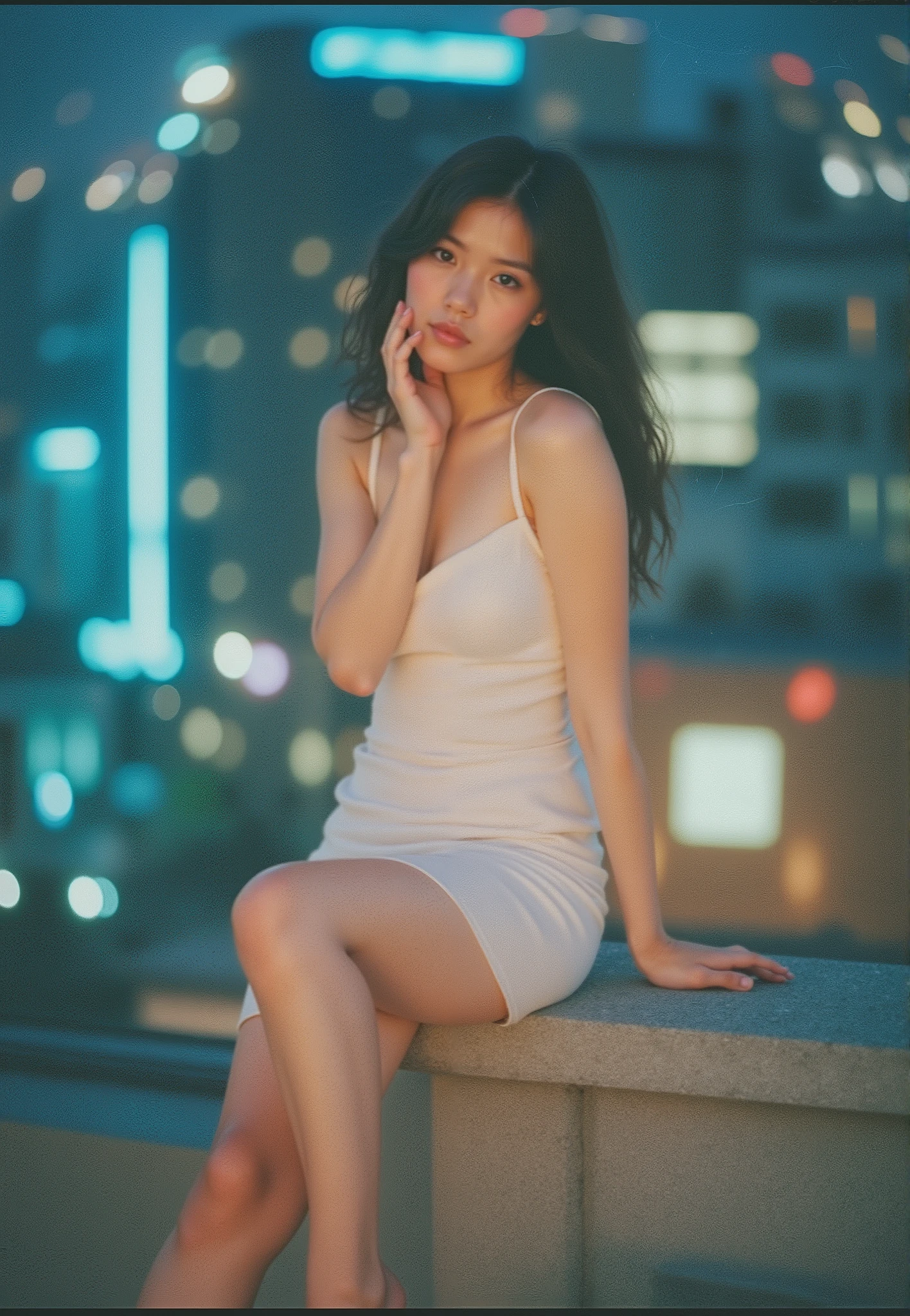 Japanese woman (26) :: Dress the model in a fitted, short, sleek dress with a deep neckline. Pose her sitting on the edge of a rooftop, one leg dangling and the other bent up with her hand resting suggestively on her knee. Utilize the city lights below and a soft spotlight to create a romantic, seductive atmosphere with a hint of urban sophistication.