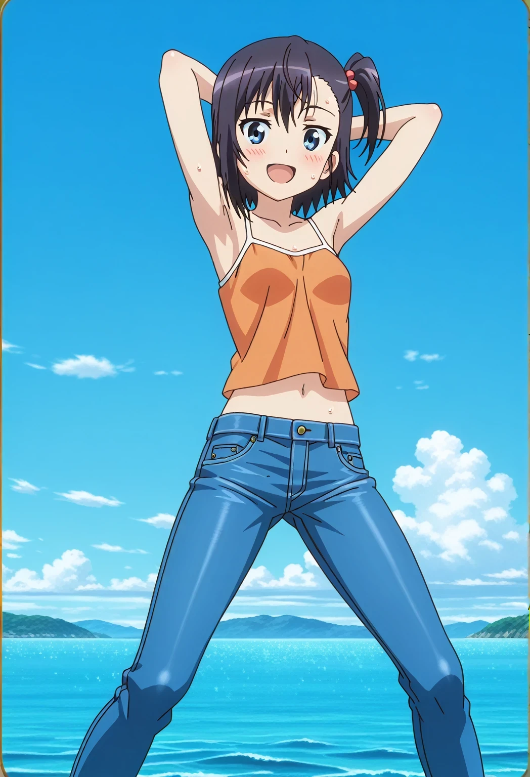 score_9, score_8_up, score_7_up, source_anime, highres, hi res, ((best quality, top quality, perfect quality, Highest Quality, amazing quality)), {{masterpiece}}, {{an extremely delicate and beautiful}}, 2d, intricate details, official style, anime, 8k, anime style, official_anime, official art, digital painting, cell shading, soft shading, high resolution, soothing tones, Subdued Color, Soft cinematic light, adobe lightroom, photolab, HDR, intricately and hyper-detailed, ((high quality animation)), 1 girl, Alone, solo, ((ocean)), tsunami, on the water, day, sunny, outdoors, sky, windy, hikage miyauchi, short hair, blue eyes, black hair, side ponytail, one side up, anime screencap, small breasts, orange camisole top, crop top, orange crop top, best quality, hyper-detailed jeans, ((blue jeans:1.9)), (dark blue jeans:0.6), full medium body, medium shot, Open mouth, smiling, happy face, blush, sweat, standing, ((arms behind head:6.0)), ((perfect arm line:2.5)), bowlegged, jumping pose, action, looking at viewer, spread legs, Bend knees slightly, straight-on front view