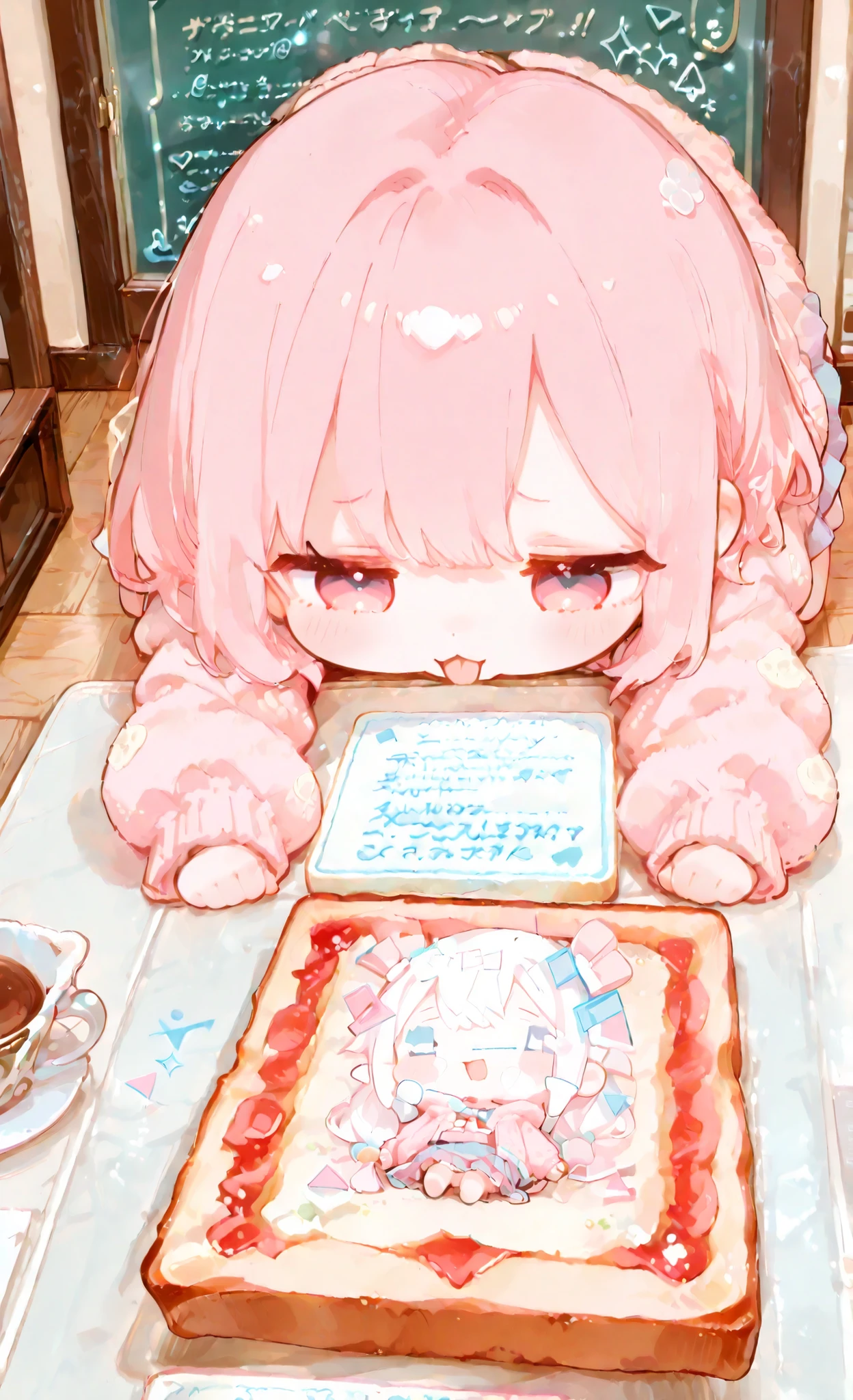 masterpiece, very detailed, exquisite detail, Anime Chibi, 3:4 Views, little anime girl sitting at a table reading a toast pattern, top view, small and cute body, pastel cardigan and skirt, Expressive little face, Toast making letters and shapes, Cozy Cafe Decor,