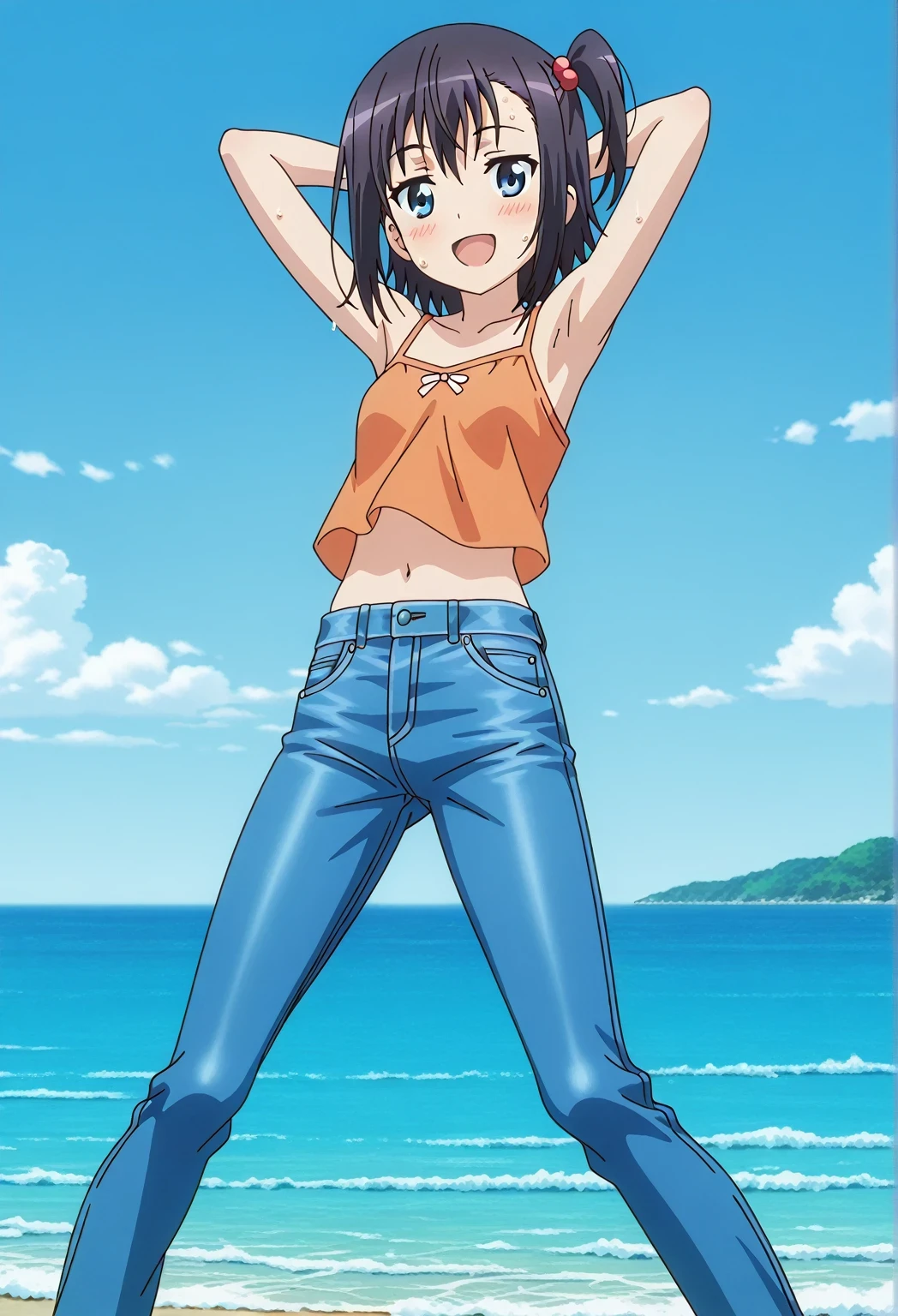 score_9, score_8_up, score_7_up, source_anime, highres, hi res, ((best quality, top quality, perfect quality, Highest Quality, amazing quality)), {{masterpiece}}, {{an extremely delicate and beautiful}}, 2d, intricate details, official style, anime, 8k, anime style, official_anime, official art, digital painting, cell shading, soft shading, high resolution, soothing tones, Subdued Color, Soft cinematic light, adobe lightroom, photolab, HDR, intricately and hyper-detailed, ((high quality animation)), 1 girl, Alone, solo, ((ocean)), tsunami, on the water, day, sunny, outdoors, sky, windy, hikage miyauchi, short hair, blue eyes, black hair, side ponytail, one side up, anime screencap, small breasts, orange camisole top, crop top, orange crop top, best quality, hyper-detailed jeans, ((blue jeans:1.9)), (dark blue jeans:0.6), full medium body, medium shot, Open mouth, smiling, happy face, blush, sweat, standing, ((arms behind head:6.0)), ((perfect arm line:2.5)), bowlegged, jumping pose, action, looking at viewer, spread legs, Bend knees slightly, straight-on front view