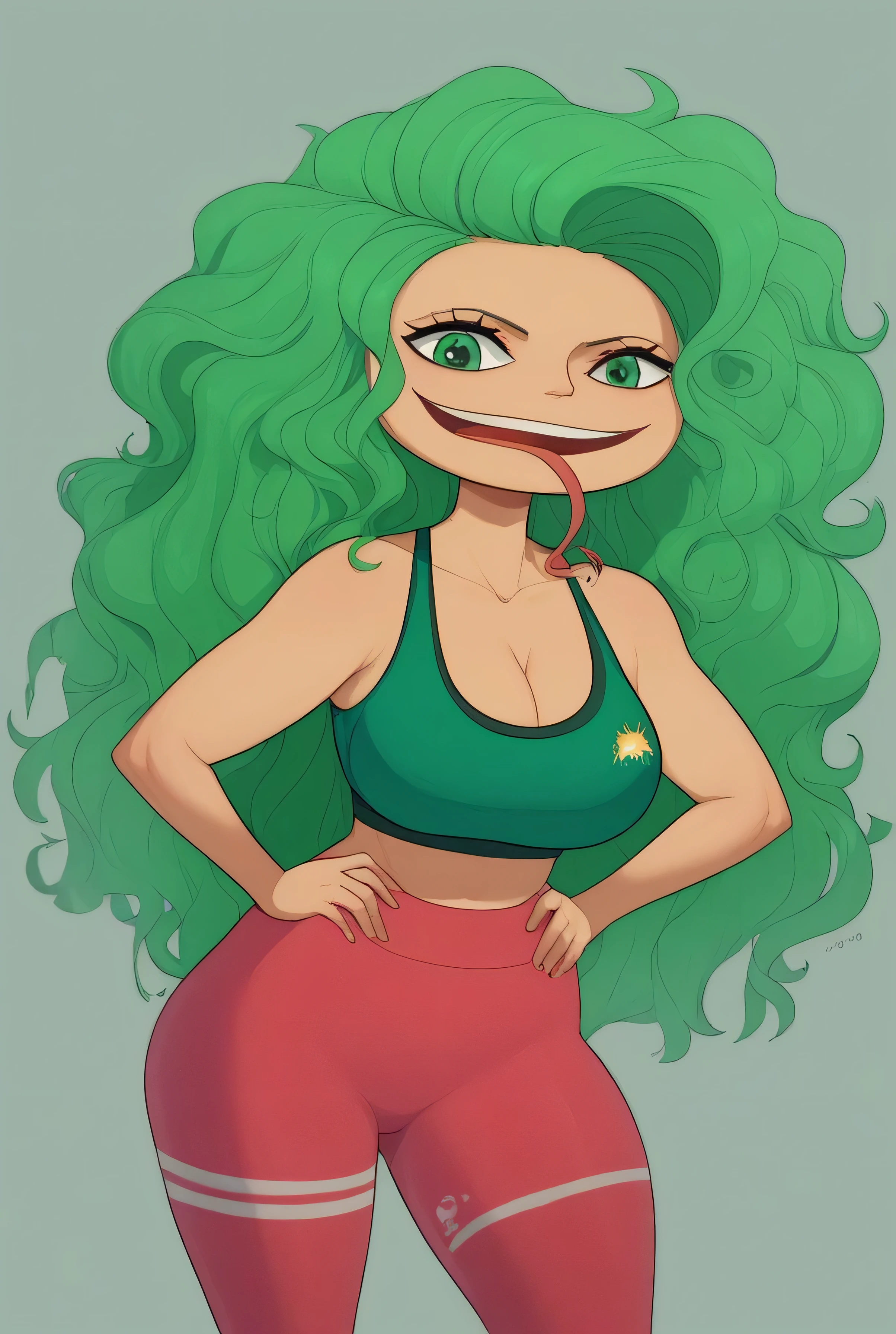 score_9 , score_8_up , score_7_up , masterpiece , best quality , highly detailed, BoaSandersoniaOP, 1girl, solo, tall woman, disproportionately large head, wide head, green hair, long hair, wavy hair, green eyes, wide mouth, long forked tongue, tongue out, huge boobs, big busty boobs, large breast, , sporty figure, wearing tight gym clothes (sports bra and leggings from teveo), smiling confidently,  lifting weight 