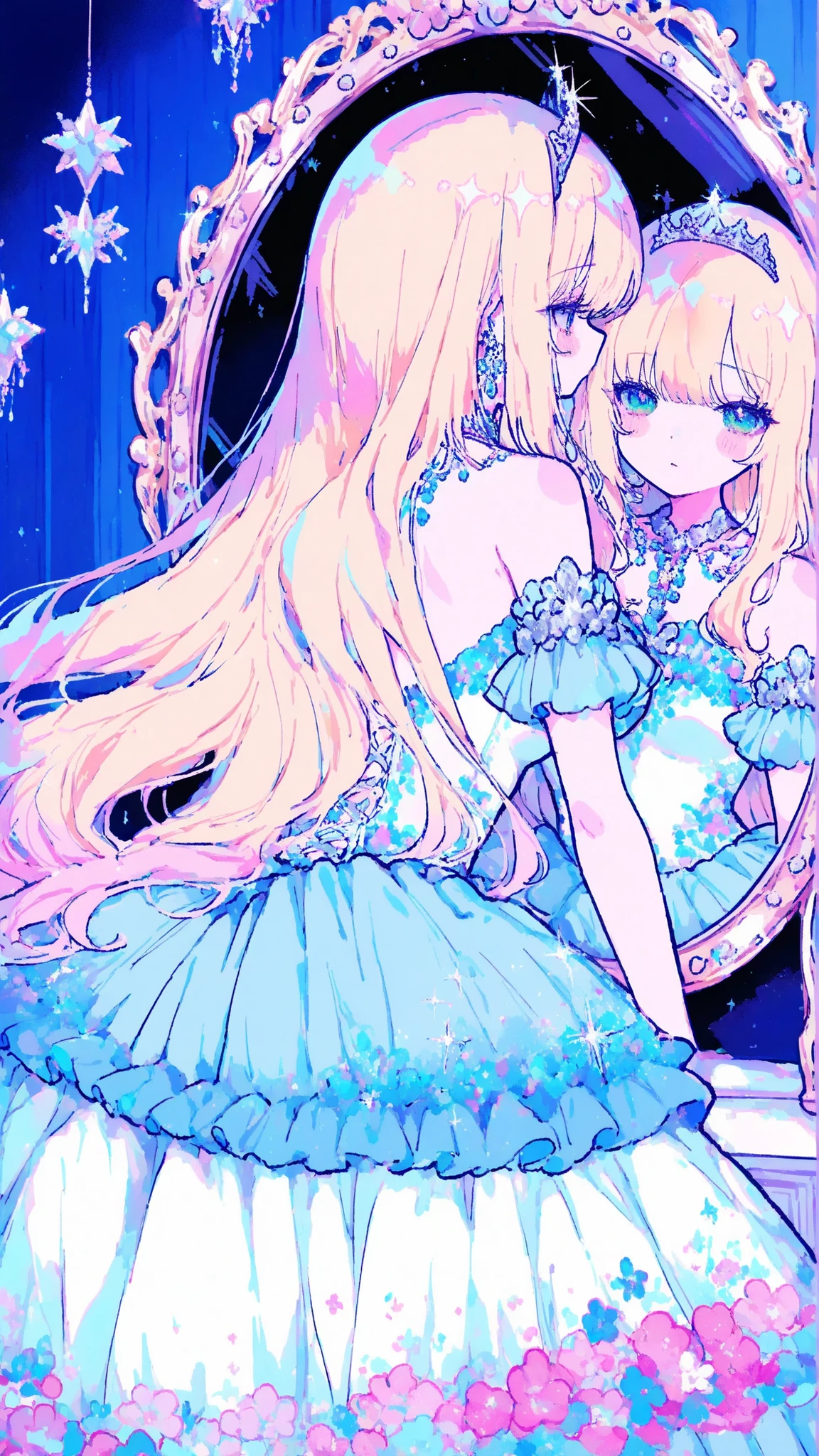 womanhoodが鏡を見つめている,Mirror,,,,womanhood,,tiara,glittering decoration,dress,,sexy,,dynamic,anime,masterpiece,Highest Quality,Great Quality,very beautiful,Newest,