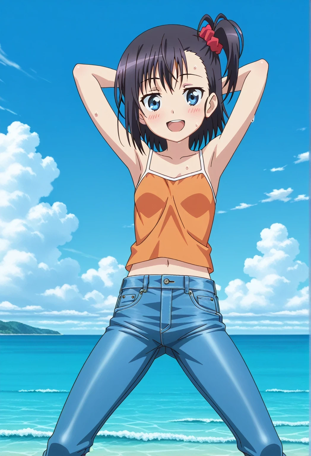 score_9, score_8_up, score_7_up, source_anime, highres, hi res, ((best quality, top quality, perfect quality, Highest Quality, amazing quality)), {{masterpiece}}, {{an extremely delicate and beautiful}}, 2d, intricate details, official style, anime, 8k, anime style, official_anime, official art, digital painting, cell shading, soft shading, high resolution, soothing tones, Subdued Color, Soft cinematic light, adobe lightroom, photolab, HDR, intricately and hyper-detailed, ((high quality animation)), 1 girl, Alone, solo, ((ocean)), tsunami, on the water, day, sunny, outdoors, sky, windy, hikage miyauchi, short hair, blue eyes, black hair, side ponytail, one side up, scrunchie, hair scrunchie, red scrunchie, anime screencap, small breasts, orange camisole top, crop top, orange crop top, best quality, hyper-detailed jeans, ((blue jeans:1.9)), (dark blue jeans:0.6), full medium body, medium shot, Open mouth, smiling, happy face, blush, sweat, standing, ((arms behind head:6.0)), ((perfect arm line:2.5)), bowlegged, jumping pose, action, looking at viewer, spread legs, Bend knees slightly, straight-on front view