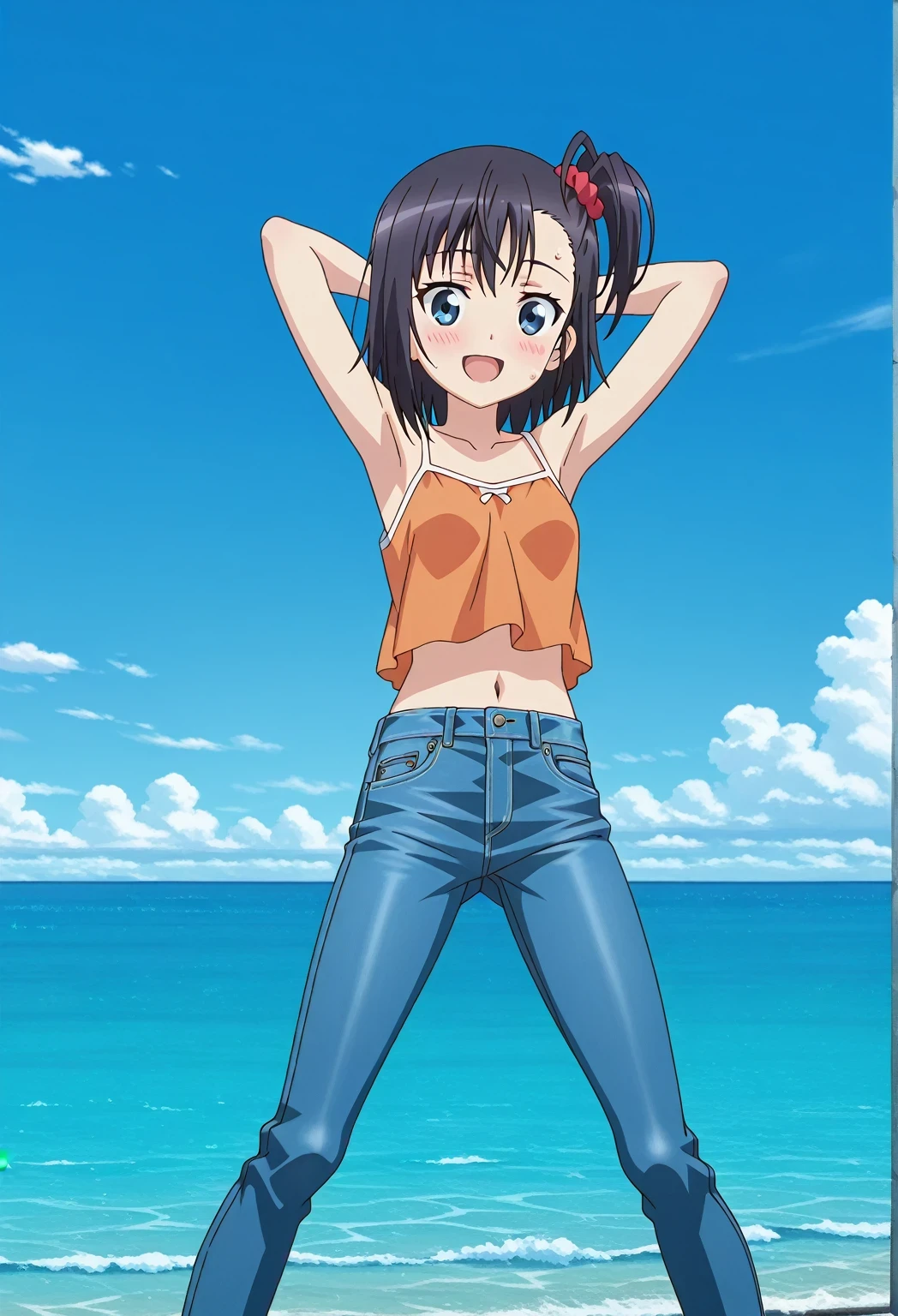 score_9, score_8_up, score_7_up, source_anime, highres, hi res, ((best quality, top quality, perfect quality, Highest Quality, amazing quality)), {{masterpiece}}, {{an extremely delicate and beautiful}}, 2d, intricate details, official style, anime, 8k, anime style, official_anime, official art, digital painting, cell shading, soft shading, high resolution, soothing tones, Subdued Color, Soft cinematic light, adobe lightroom, photolab, HDR, intricately and hyper-detailed, ((high quality animation)), 1 girl, Alone, solo, ((ocean)), tsunami, on the water, day, sunny, outdoors, sky, windy, hikage miyauchi, short hair, blue eyes, black hair, side ponytail, one side up, scrunchie, hair scrunchie, red scrunchie, anime screencap, small breasts, orange camisole top, crop top, orange crop top, best quality, hyper-detailed jeans, ((blue jeans:1.9)), (dark blue jeans:0.6), full medium body, medium shot, Open mouth, smiling, happy face, blush, sweat, standing, ((arms behind head:6.0)), ((perfect arm line:2.5)), bowlegged, jumping pose, action, looking at viewer, spread legs, Bend knees slightly, straight-on front view