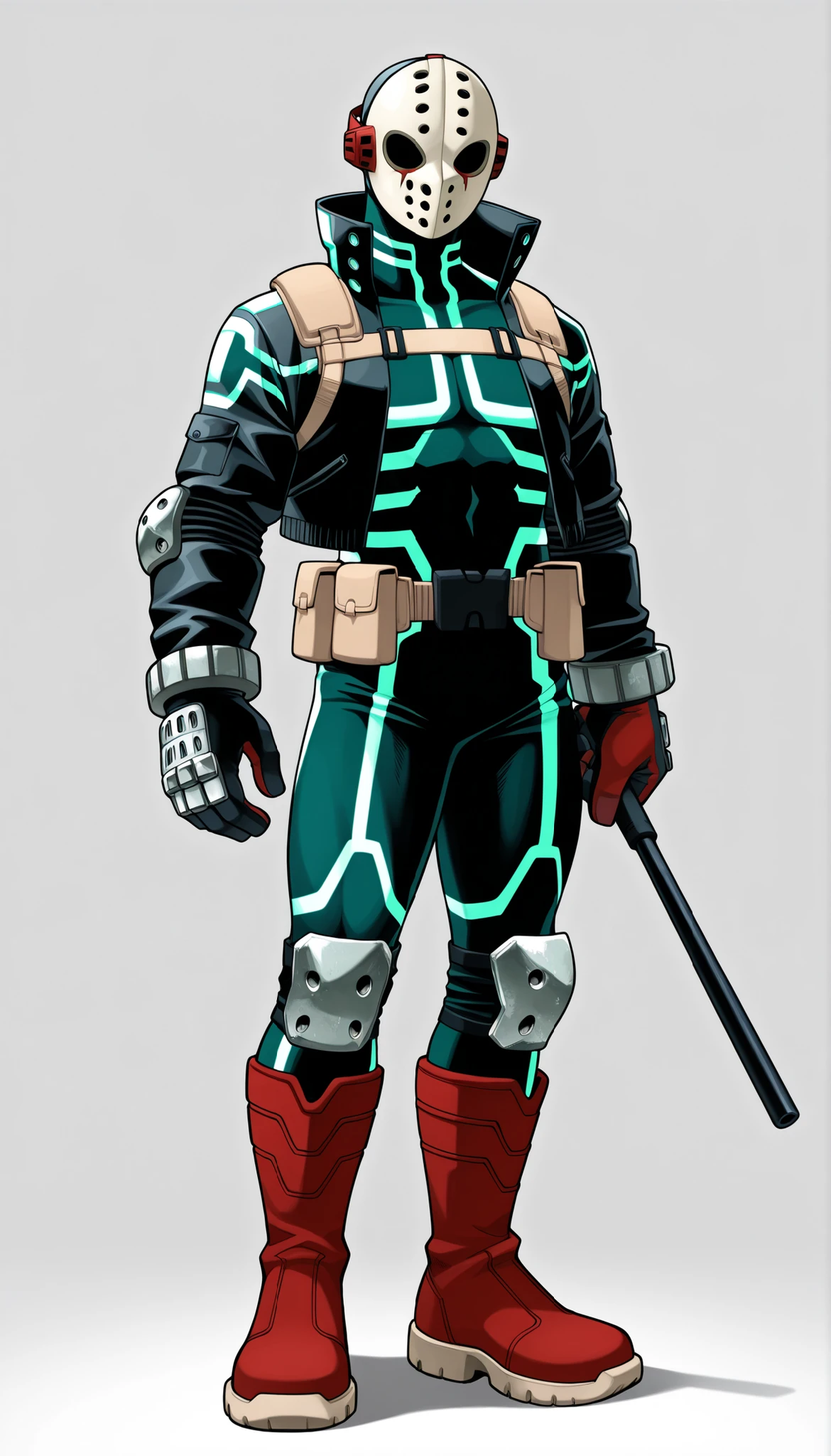 ((Highest Quality)), ((Simple Light Grey Background)), (My Hero Academia Style), standing, (1male), (Male), solo, slender body, athletic body, slim body, standing, Full Body, full body bodysuit, black bodysuit, metal knee pads, metal elbow pads, (Red tactical gloves), (Red tactical knee boots), (Two-tone open Jacket), (leather cropped jacket), hidden hair, hidden face, hidden eyes, hidden mouth, hidden skin, holding two combat baton, combat baton in each hand, metal hockey mask, no hair, no skin, small metal shoulder pads, black tactical belt, back tactical body harness, pouched harness, pouched belt, (Neon Green Bodysuit details), (Neon white details on jacket), (Long sleeves), (loose jacket), (Black Jacket), 
