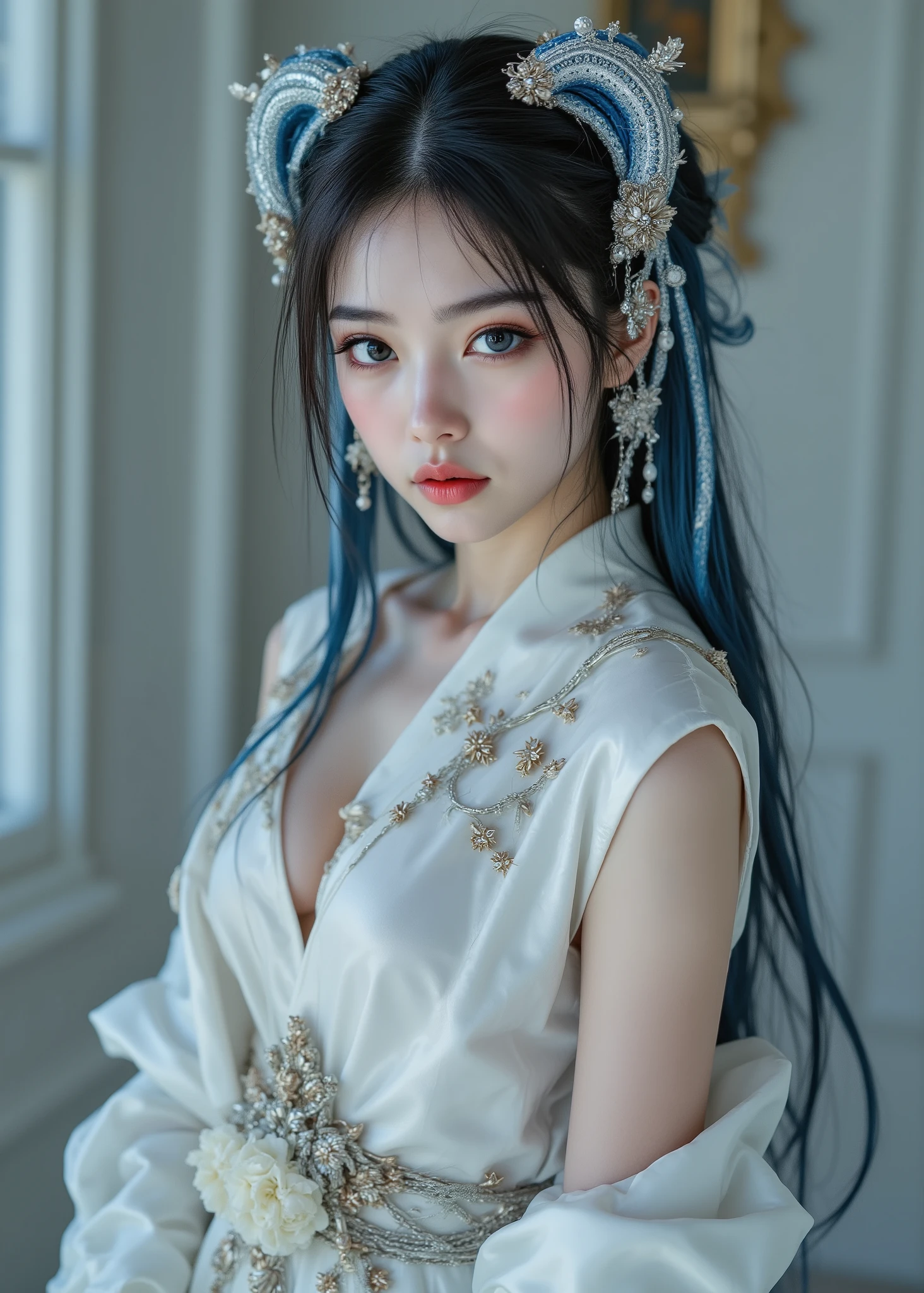 Ultra HD, high resolution, high resolution, 24K Video Quality. woman、beautiful, Aqua Blue Eyes, Depicts a cute 16 year old Japanese girl. She wears a pearl white latex suit that sticks to her body, The latex suit is adorned with vibrant dragons and other mythical elements, Toned Legs, The blue-purple and silver ponytail、accentuated by a decorative belt around her waist。. The overall atmosphere is very elegant、.. She adds depth and cultural overtones to the scene. A beautiful and powerful woman, adds mystique and artistic expression to her look.