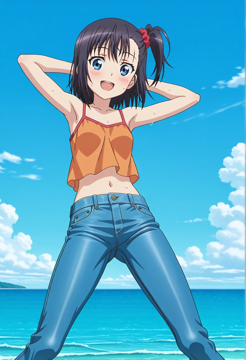 score_9, score_8_up, score_7_up, source_anime, highres, hi res, ((best quality, top quality, perfect quality, Highest Quality, amazing quality)), {{masterpiece}}, {{an extremely delicate and beautiful}}, 2d, intricate details, official style, anime, 8k, anime style, official_anime, official art, digital painting, cell shading, soft shading, high resolution, soothing tones, Subdued Color, Soft cinematic light, adobe lightroom, photolab, HDR, intricately and hyper-detailed, ((high quality animation)), 1 girl, Alone, solo, ((ocean)), tsunami, on the water, day, sunny, outdoors, sky, windy, hikage miyauchi, short hair, blue eyes, black hair, side ponytail, one side up, scrunchie, hair scrunchie, red scrunchie, anime screencap, small breasts, orange camisole top, crop top, orange crop top, best quality, hyper-detailed jeans, ((blue jeans:1.9)), (dark blue jeans:0.6), full medium body, medium shot, Open mouth, smiling, happy face, blush, sweat, standing, ((arms behind head:6.0)), ((perfect arm line:2.5)), bowlegged, jumping pose, action, looking at viewer, spread legs, Bend knees slightly, straight-on front view