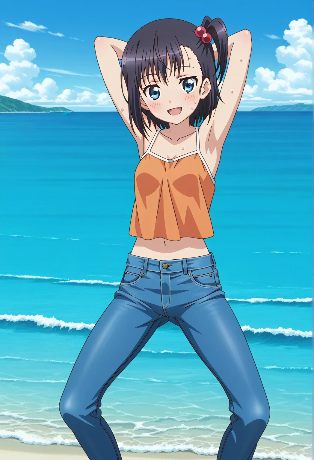 score_9, score_8_up, score_7_up, source_anime, highres, hi res, ((best quality, top quality, perfect quality, Highest Quality, amazing quality)), {{masterpiece}}, {{an extremely delicate and beautiful}}, 2d, intricate details, official style, anime, 8k, anime style, official_anime, official art, digital painting, cell shading, soft shading, high resolution, soothing tones, Subdued Color, Soft cinematic light, adobe lightroom, photolab, HDR, intricately and hyper-detailed, ((high quality animation)), 1 girl, Alone, solo, ((ocean)), tsunami, on the water, day, sunny, outdoors, sky, windy, hikage miyauchi, short hair, blue eyes, black hair, side ponytail, one side up, hair bobbles, anime screencap, small breasts, orange camisole top, crop top, orange crop top, best quality, hyper-detailed jeans, ((blue jeans:1.9)), (dark blue jeans:0.6), full medium body, medium shot, Open mouth, smiling, happy face, blush, sweat, standing, ((arms behind head:6.0)), ((perfect arm line:2.5)), bowlegged, jumping pose, action, looking at viewer, spread legs, Bend knees slightly, straight-on front view