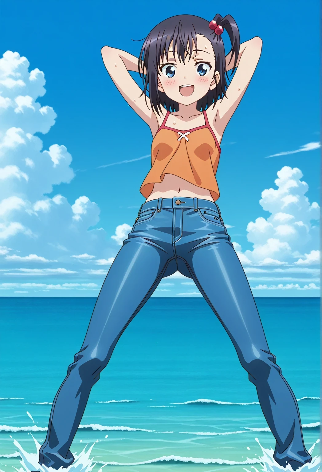 score_9, score_8_up, score_7_up, source_anime, highres, hi res, ((best quality, top quality, perfect quality, Highest Quality, amazing quality)), {{masterpiece}}, {{an extremely delicate and beautiful}}, 2d, intricate details, official style, anime, 8k, anime style, official_anime, official art, digital painting, cell shading, soft shading, high resolution, soothing tones, Subdued Color, Soft cinematic light, adobe lightroom, photolab, HDR, intricately and hyper-detailed, ((high quality animation)), 1 girl, Alone, solo, ((ocean)), tsunami, on the water, day, sunny, outdoors, sky, windy, hikage miyauchi, short hair, blue eyes, black hair, side ponytail, one side up, hair bobbles, anime screencap, small breasts, orange camisole top, crop top, orange crop top, best quality, hyper-detailed jeans, ((blue jeans:1.9)), (dark blue jeans:0.6), full medium body, medium shot, Open mouth, smiling, happy face, blush, sweat, standing, ((arms behind head:6.0)), ((perfect arm line:2.5)), bowlegged, jumping pose, action, looking at viewer, spread legs, Bend knees slightly, straight-on front view