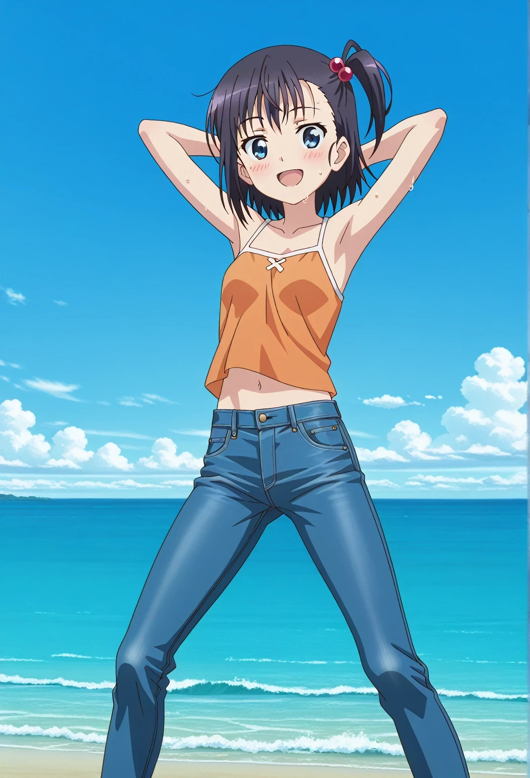 score_9, score_8_up, score_7_up, source_anime, highres, hi res, ((best quality, top quality, perfect quality, Highest Quality, amazing quality)), {{masterpiece}}, {{an extremely delicate and beautiful}}, 2d, intricate details, official style, anime, 8k, anime style, official_anime, official art, digital painting, cell shading, soft shading, high resolution, soothing tones, Subdued Color, Soft cinematic light, adobe lightroom, photolab, HDR, intricately and hyper-detailed, ((high quality animation)), 1 girl, Alone, solo, ((ocean)), tsunami, on the water, day, sunny, outdoors, sky, windy, hikage miyauchi, short hair, blue eyes, black hair, side ponytail, one side up, hair bobbles, anime screencap, small breasts, orange camisole top, crop top, orange crop top, best quality, hyper-detailed jeans, ((blue jeans:1.9)), (dark blue jeans:0.6), full medium body, medium shot, Open mouth, smiling, happy face, blush, sweat, standing, ((arms behind head:6.0)), ((perfect arm line:2.5)), bowlegged, jumping pose, action, looking at viewer, spread legs, Bend knees slightly, straight-on front view