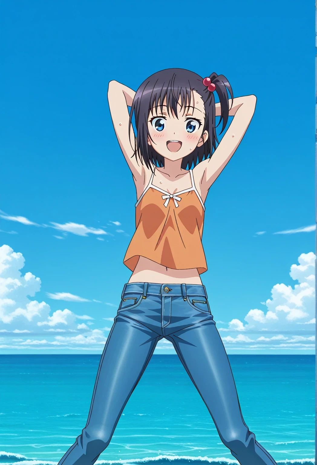 score_9, score_8_up, score_7_up, source_anime, highres, hi res, ((best quality, top quality, perfect quality, Highest Quality, amazing quality)), {{masterpiece}}, {{an extremely delicate and beautiful}}, 2d, intricate details, official style, anime, 8k, anime style, official_anime, official art, digital painting, cell shading, soft shading, high resolution, soothing tones, Subdued Color, Soft cinematic light, adobe lightroom, photolab, HDR, intricately and hyper-detailed, ((high quality animation)), 1 girl, Alone, solo, ((ocean)), tsunami, on the water, day, sunny, outdoors, sky, windy, hikage miyauchi, short hair, blue eyes, black hair, side ponytail, one side up, hair bobbles, anime screencap, small breasts, orange camisole top, crop top, orange crop top, best quality, hyper-detailed jeans, ((blue jeans:1.9)), (dark blue jeans:0.6), full medium body, medium shot, Open mouth, smiling, happy face, blush, sweat, standing, ((arms behind head:6.0)), ((perfect arm line:2.5)), bowlegged, jumping pose, action, looking at viewer, spread legs, Bend knees slightly, straight-on front view