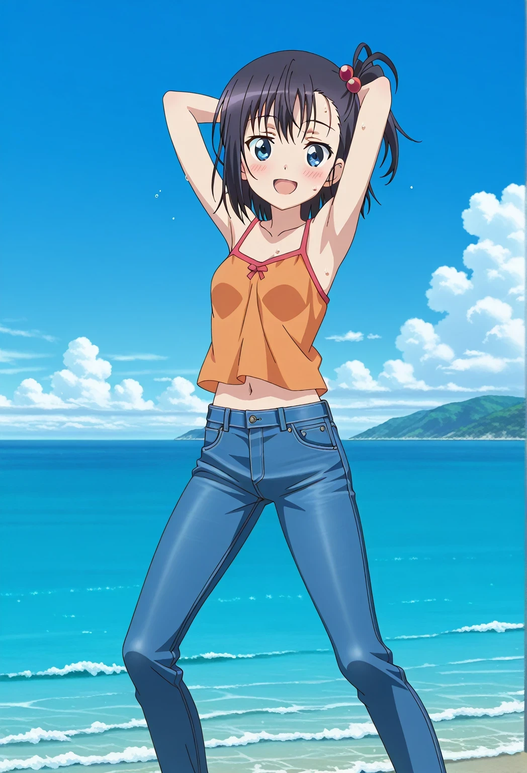score_9, score_8_up, score_7_up, source_anime, highres, hi res, ((best quality, top quality, perfect quality, Highest Quality, amazing quality)), {{masterpiece}}, {{an extremely delicate and beautiful}}, 2d, intricate details, official style, anime, 8k, anime style, official_anime, official art, digital painting, cell shading, soft shading, high resolution, soothing tones, Subdued Color, Soft cinematic light, adobe lightroom, photolab, HDR, intricately and hyper-detailed, ((high quality animation)), 1 girl, Alone, solo, ((ocean)), tsunami, on the water, day, sunny, outdoors, sky, windy, hikage miyauchi, short hair, blue eyes, black hair, side ponytail, one side up, hair bobbles, anime screencap, small breasts, orange camisole top, crop top, orange crop top, best quality, hyper-detailed jeans, ((blue jeans:1.9)), (dark blue jeans:0.6), full medium body, medium shot, Open mouth, smiling, happy face, blush, sweat, standing, ((arms behind head:6.0)), ((perfect arm line:2.5)), bowlegged, jumping pose, action, looking at viewer, spread legs, Bend knees slightly, straight-on front view