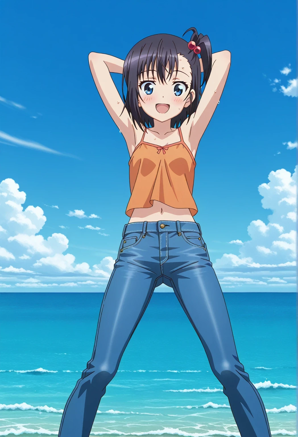 score_9, score_8_up, score_7_up, source_anime, highres, hi res, ((best quality, top quality, perfect quality, Highest Quality, amazing quality)), {{masterpiece}}, {{an extremely delicate and beautiful}}, 2d, intricate details, official style, anime, 8k, anime style, official_anime, official art, digital painting, cell shading, soft shading, high resolution, soothing tones, Subdued Color, Soft cinematic light, adobe lightroom, photolab, HDR, intricately and hyper-detailed, ((high quality animation)), 1 girl, Alone, solo, ((ocean)), tsunami, on the water, day, sunny, outdoors, sky, windy, hikage miyauchi, short hair, blue eyes, black hair, side ponytail, one side up, hair bobbles, anime screencap, small breasts, orange camisole top, crop top, orange crop top, best quality, hyper-detailed jeans, ((blue jeans:1.9)), (dark blue jeans:0.6), full medium body, medium shot, Open mouth, smiling, happy face, blush, sweat, standing, ((arms behind head:6.0)), ((perfect arm line:2.5)), bowlegged, jumping pose, action, looking at viewer, spread legs, Bend knees slightly, straight-on front view