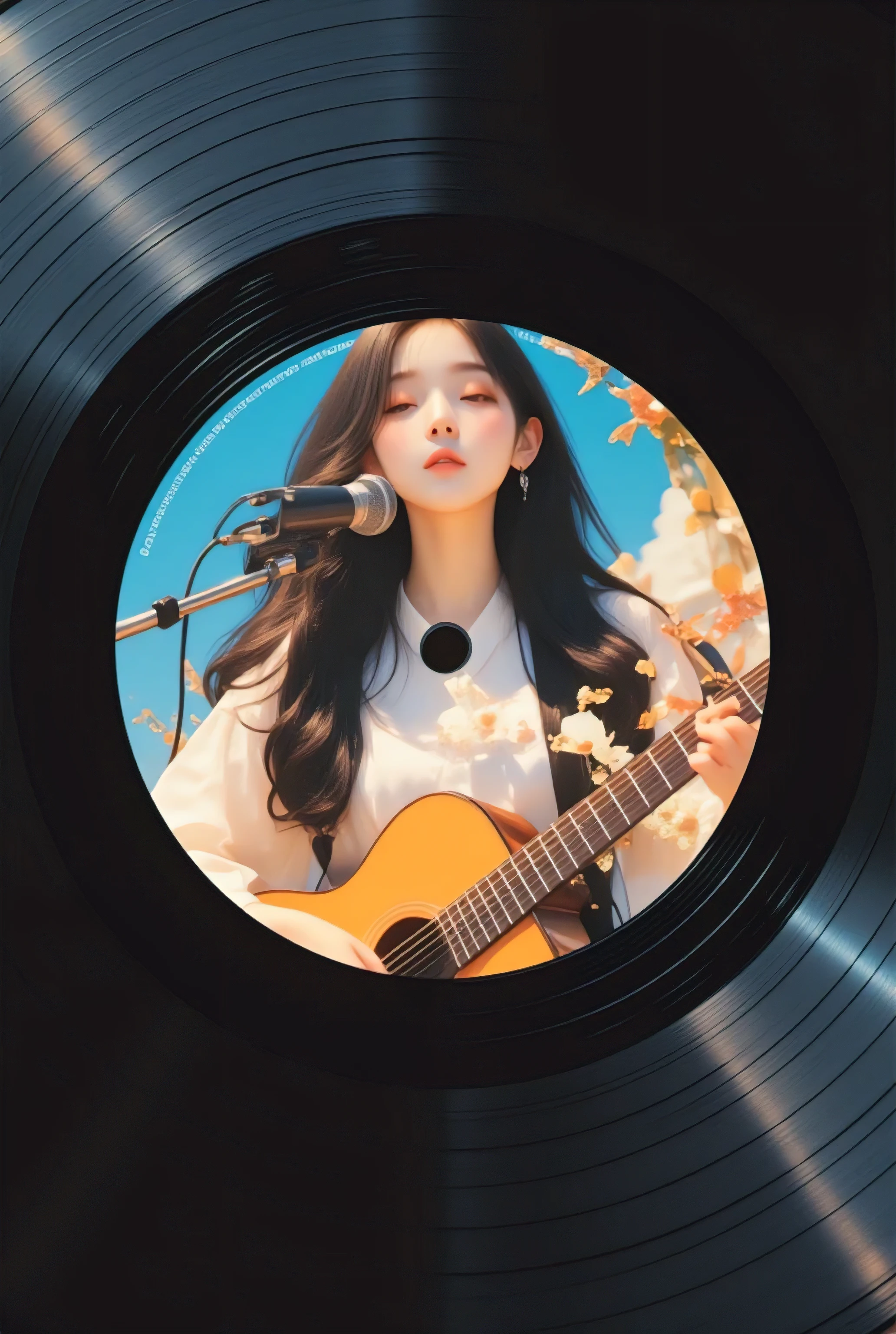 A highly photorealistic and naturalistic close-up image. The entire frame is filled by a large, prominent view of a black vinyl record, showcasing its delicate grooves and glossy reflections. In the very center of the record label, a small, circular spindle hole is clearly visible. The central circular record label is the focal point, designed to exquisitely feature a close-up of a beautiful young girl with long, dark, wavy hair, depicted as an integral part of the label's art. She is shown playing an acoustic guitar and singing into a microphone, with a serene and focused expression, her image seamlessly integrated into the label's design. The label itself incorporates vibrant colors and subtle patterns that complement her presence. The overall impression is magical and artistic, capturing a moment frozen in music and time, with a realistic and detailed rendering where the girl is part of the label's visual content, and the record's essential functionality (the hole) is clearly present.