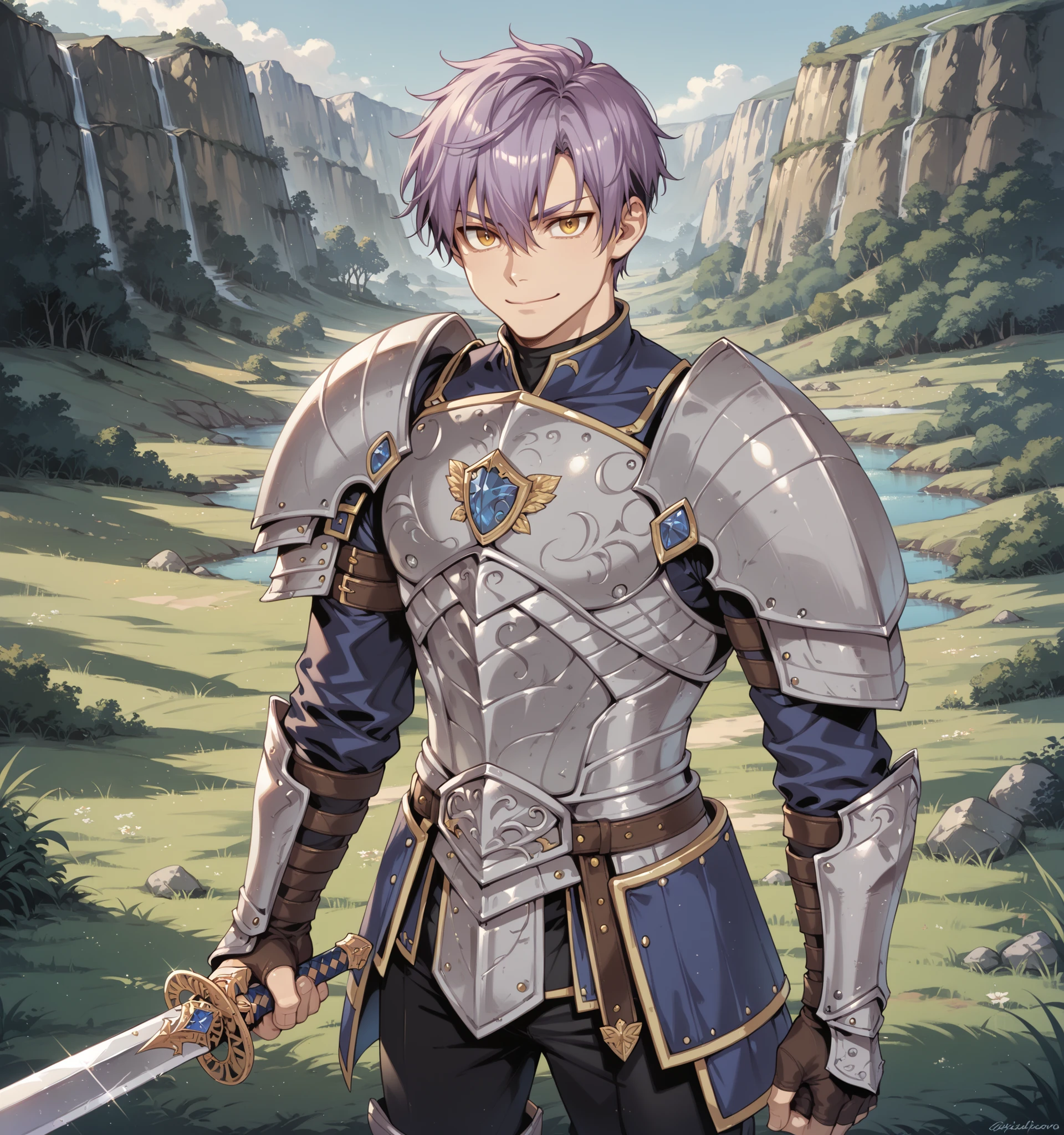 Source_anime, handsome male, fishine style, 1boy, solo, adult boy BREAK
Purple hair BREAK short hair, messy hair, wolf cut, hair between eyes, yellow eyes BREAK
Blue armor, knight armor, sapphire armor, black pants BREAK
Looking at viewer, dynamic pose, confident face, smile, closed mouth, holding sword
Nature island, outdoors, grass landscape, cave entrance
