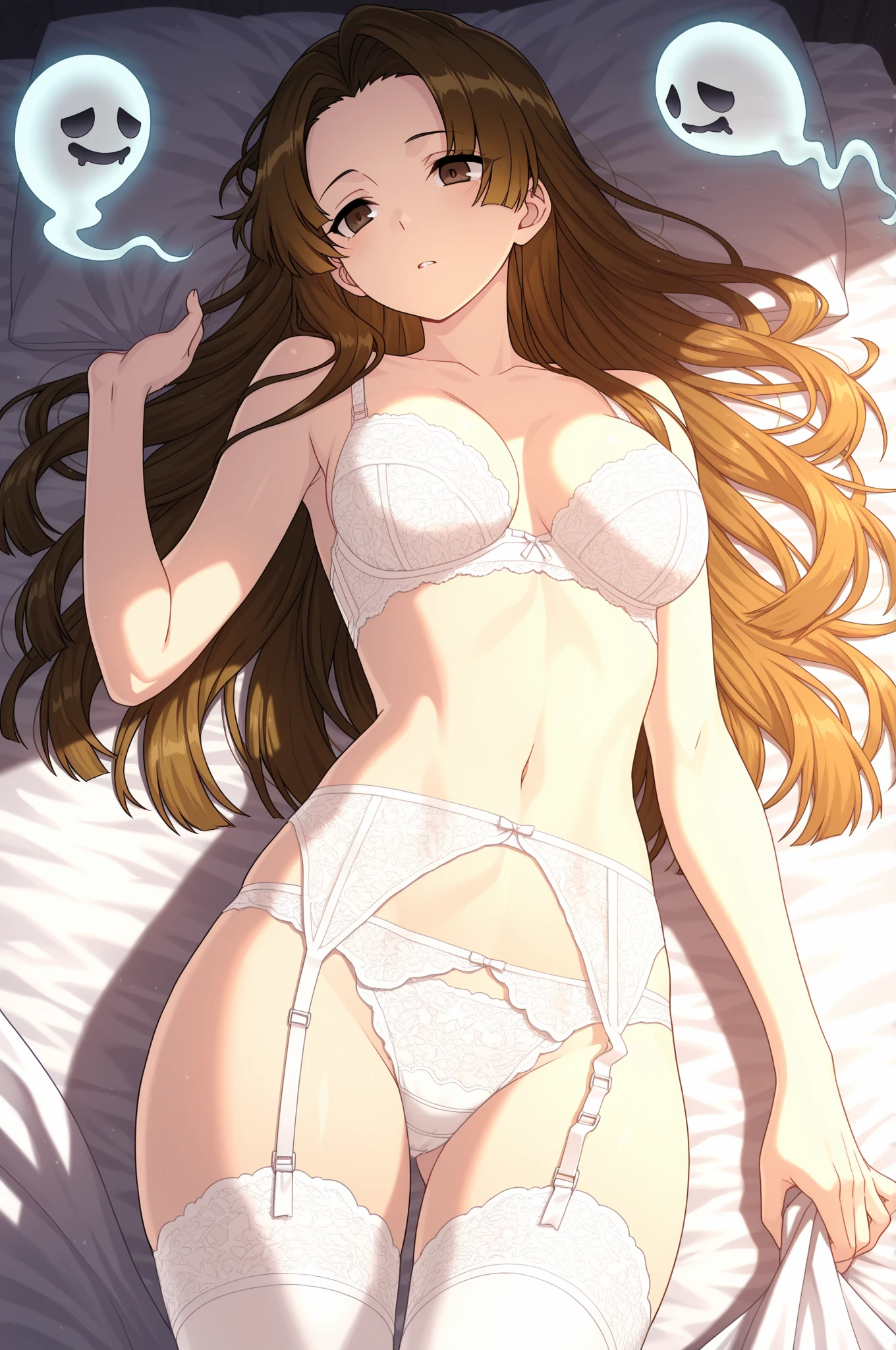 score_9, score_8_up, score_7_up, source_anime, rating_explicit, BREAK  <lora:Aty_XL:1> Aty, 1girl, solo, , bra, panties,  only, cleavage, white bra, simple background, blush, white background, looking at viewer, white panties, brown hair, collarbone, blush, 
bed room,