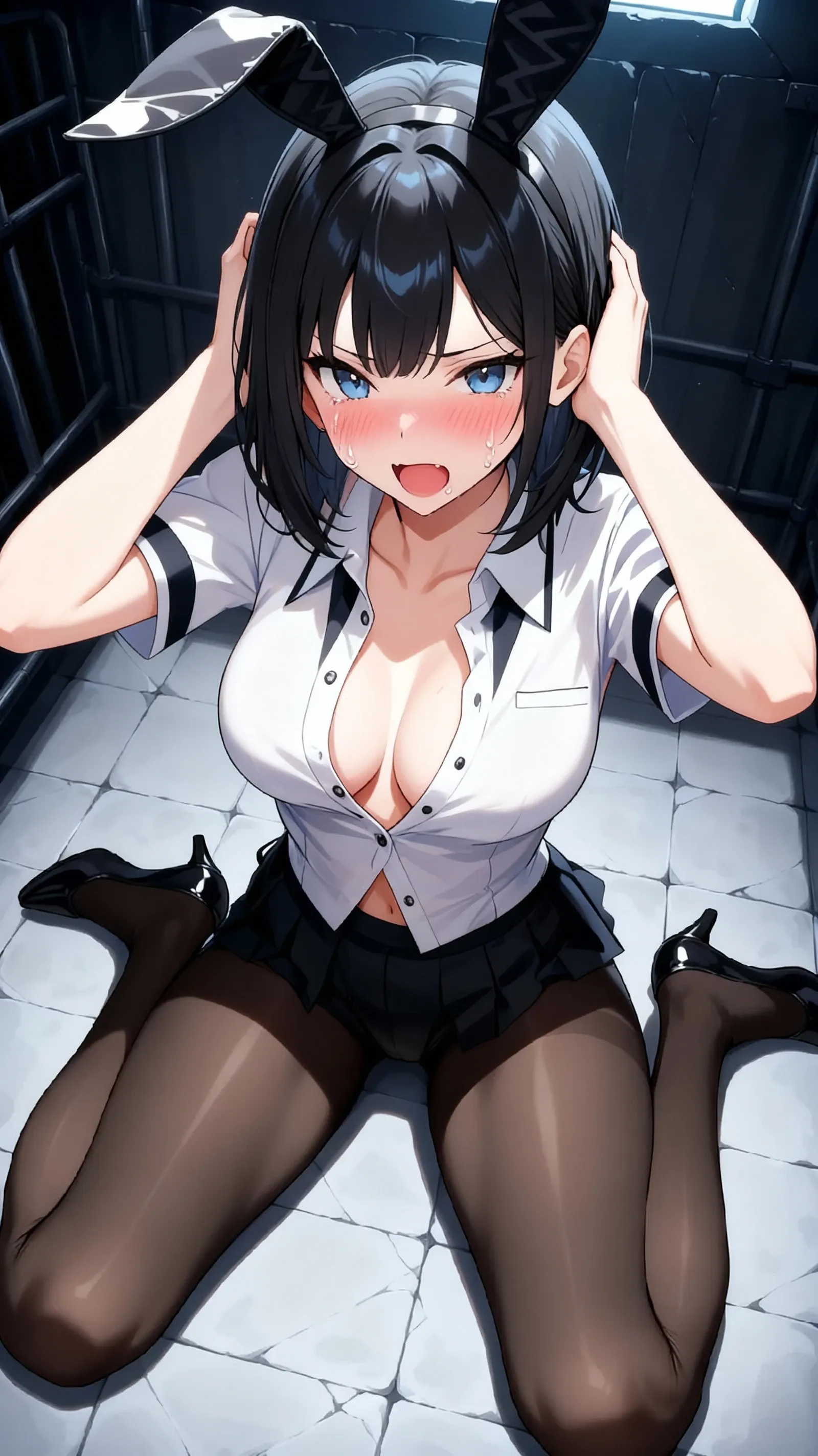 ((masterpiece,best quality)),????,((??????? ?????:1.2)),(1man and 1woman,??????????:1.2),??????????,1woman solo,cowboy shot,20 year old beauty、black hair,long  hair,blunt  bangs,black eyes,crying、clenched,ideal ratio body proportions,slender body,??????????????,gleaming skin,Perfect ???????:1.3,arms behind back,sitting,(???????????:1.5,??????),sweat:1.2,??????,wet ??????,(black blazer jacket、white shirt、????????????,???????,black tie、black tight skirt、mini skirt、??????,wet ??????、thigh_gap, black_thighhighs),train、In the vehicle、black leather seats、congestion、Tokyo、