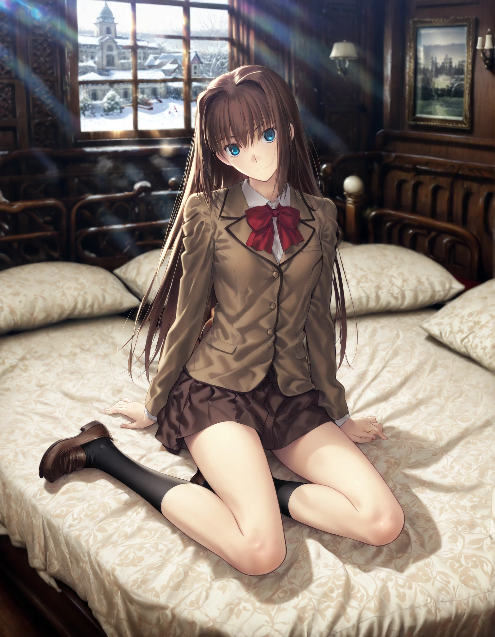 masterpiece, , absurdres, highres, detailed background, high resolution, necessary, detail, best quality, quality, necessary, High details, Precise, , indoors,((photo background, blurry background, detailed background)), ,from above ,(mansion, dark, sunlight, snow), ,
1girl, solo, (type-moon,) style, koyama hirokazu style, (aged up:1.2) ,() ,head tilt , ,(long leg), (sitting ,yokozuwari),
tall girl, ,long arms,(slim body, ),aozaki aoko, ,school uniform, brown hair, long hair, blue eyes, skirt, jacket, blazer, bow ,hair intakes , , , (), ,looking at viewer, ,(small breasts), ,