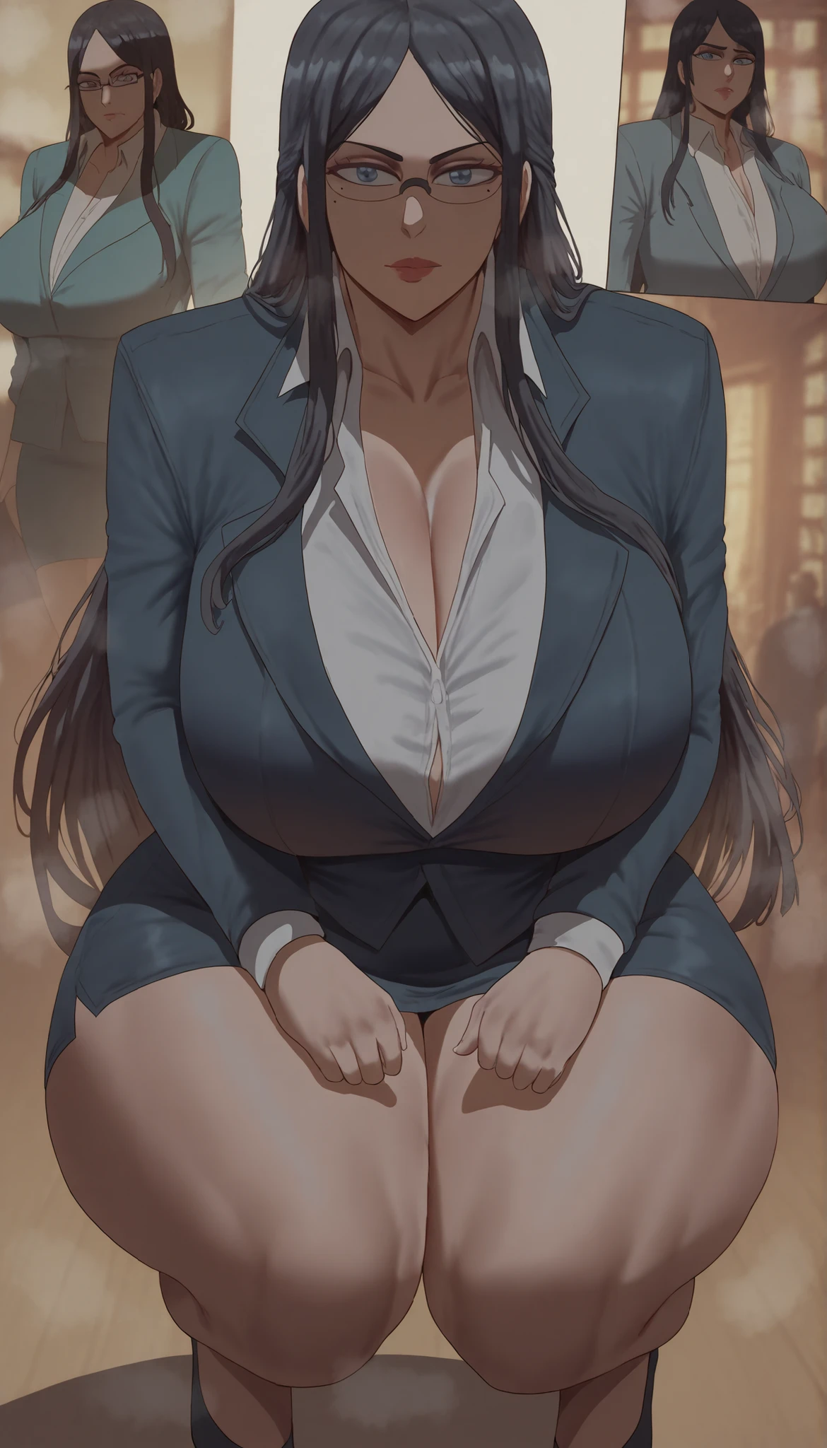 shexyo art style, misaki gundou, long hair, blue eyes, black hair, glasses, mole, mole under eye, lips, mature female, parted bangs, , thick muscular thighs, wide curvy , voluptuous body, Curvy body, thicc woman, straight face, looking at viewer, formal, suit, office lady, full body, pencil skirt, in squats position, front view