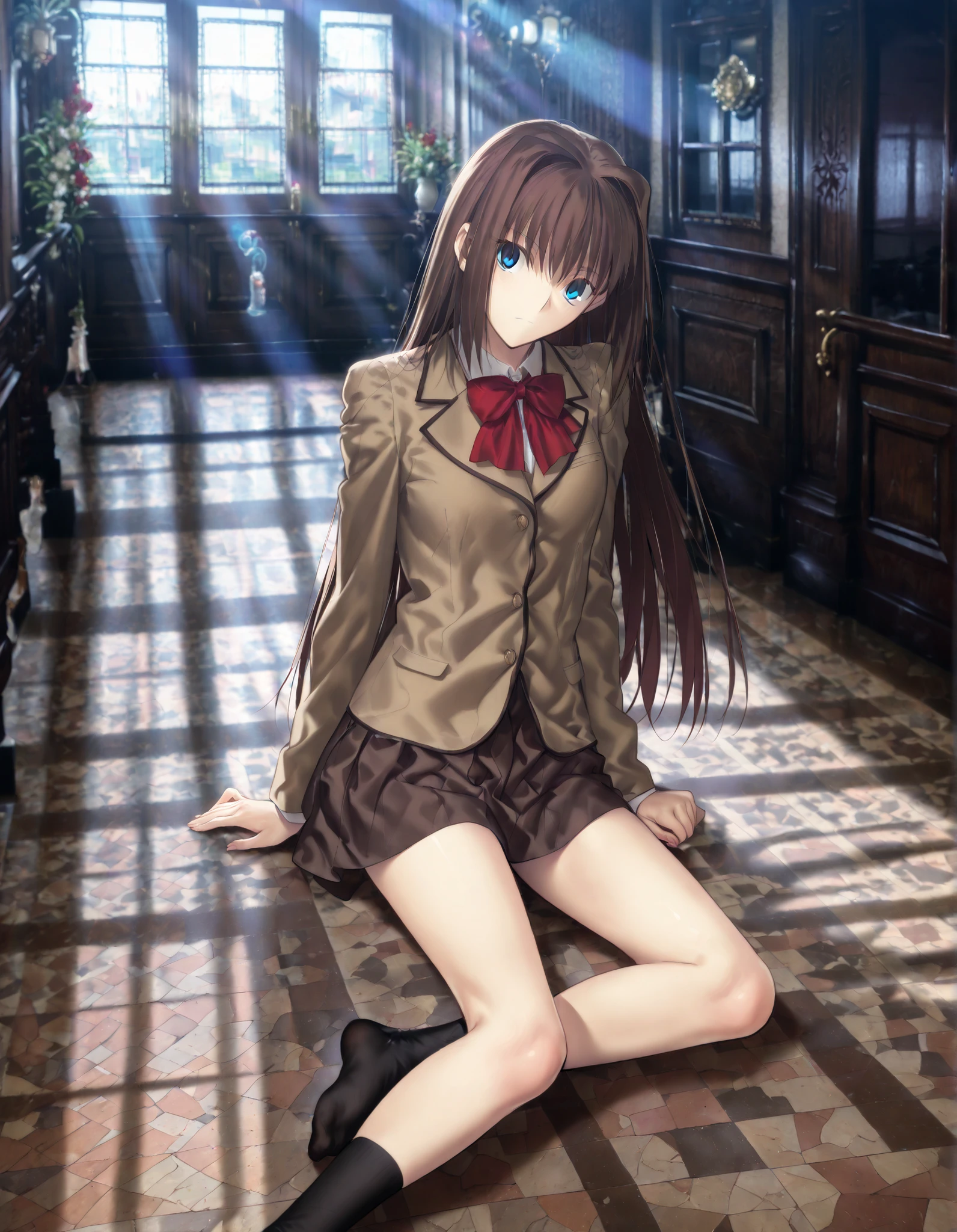 masterpiece, , absurdres, highres, detailed background, high resolution, necessary, detail, best quality, quality, necessary, High details, Precise, , indoors,((photo background, blurry background, detailed background)), ,from above ,(mansion, dark, sunlight, entrance),blue hour, ,
1girl, solo, (type-moon,) style, koyama hirokazu style, (aged up:1.2) ,() ,head tilt , ,(long leg), (sitting ,yokozuwari),
tall girl, ,long arms,(slim body, ),aozaki aoko, ,school uniform, brown hair, long hair, blue eyes, skirt, jacket, blazer, bow ,hair intakes , , , (), ,looking at viewer, ,(small breasts), ,