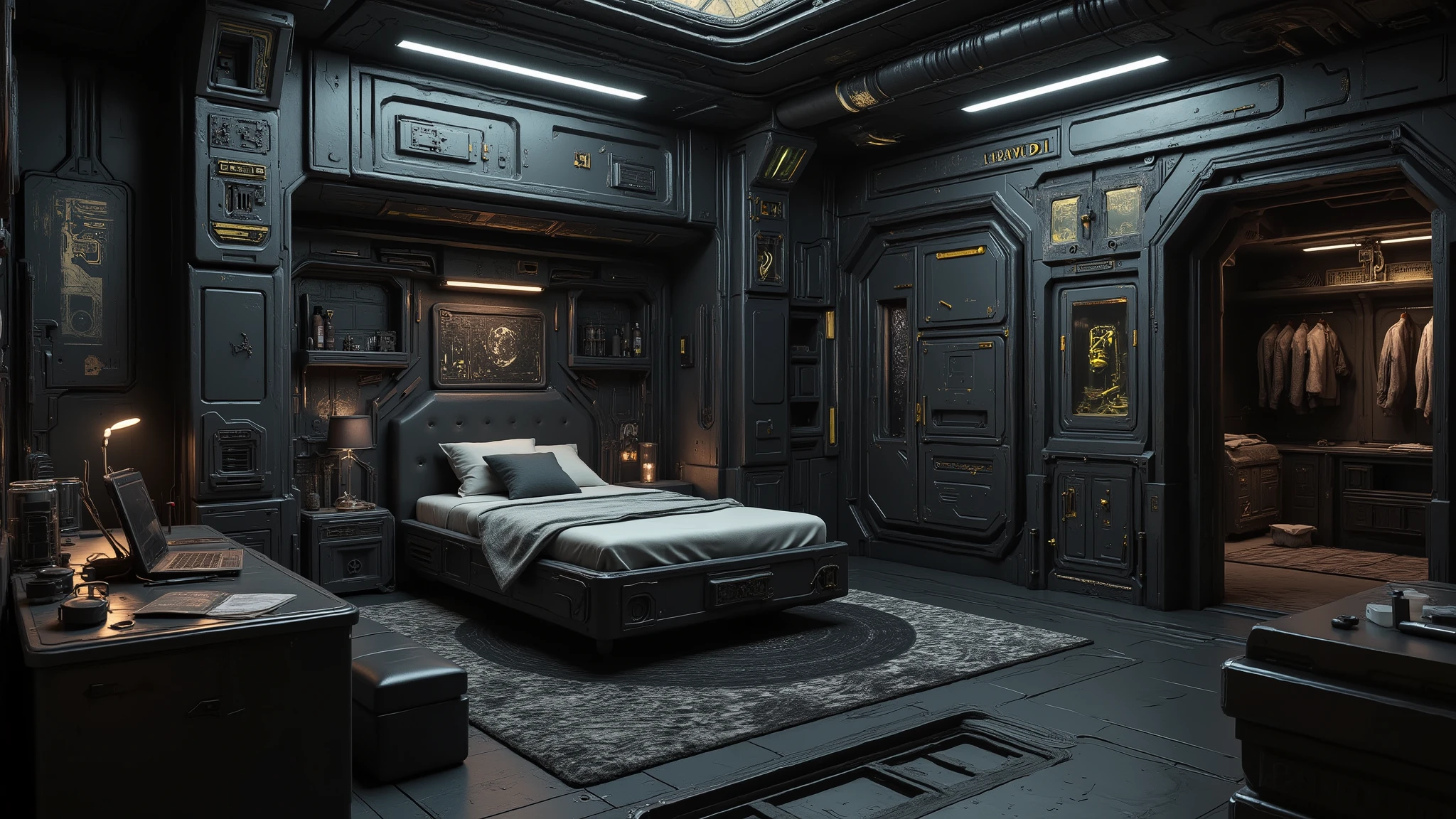 ((Best quality)), ((masterpiece)): Create bedchamber in a palace on Terra from Warhammer 40K, it's a bedchamer with plain pale black color mix scifi style, has a one bed and desk, holographic table in the middle of the room, Military style closet built into the corner wall of the room, It has a space to allow for adding a small kitchen like a pre-Dark Age of Technology condominium, complete with a bathroom, and there was enough space in the small kitchen to fit a decent-sized dining table, one window.