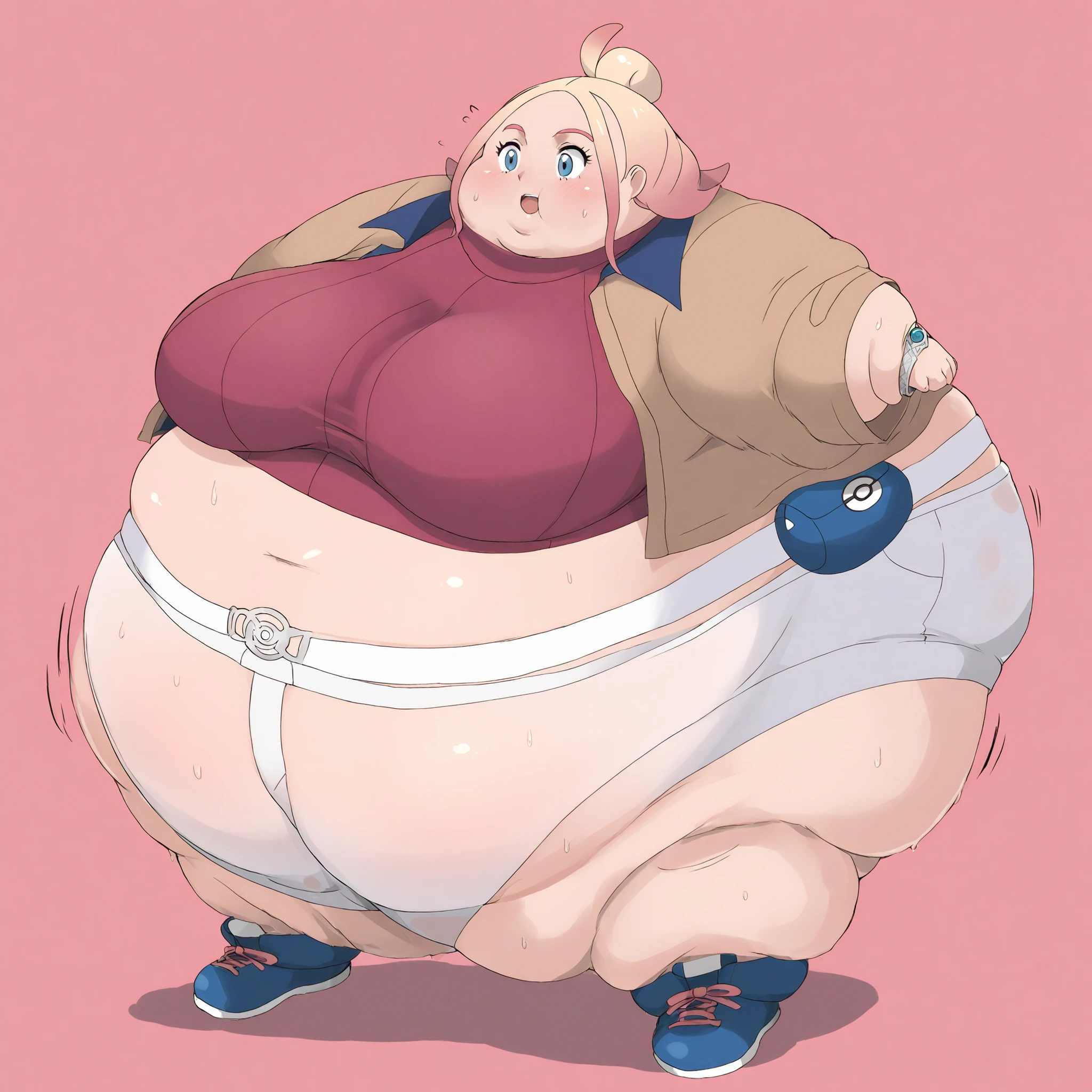 taunie, aged up, taunie \(pokemon\), pink hair, blonde hair, gradient hair, multicolored hair, single hair bun, ahoge, blue eyes, short hair, sidelocks brown jacket, long sleeves, open jacket, red sweater, ribbed sweater, crop top, turtleneck, single bracelet, midriff, navel, short shorts, white shorts, white belt, [[[belt pouch, blue pouch]]], shoes, sneakers, blue footwear ,  fat, chubby, obese, gigantic arms and legs, large breasts, sweating, wet body, swollen face, Fat_neck , Fat head , eyes with crushed cheeks , nose with crushed cheeks , mouth with crushed cheeks , chin roll, sphere_tf
mini limbs
only head, sphere body, 