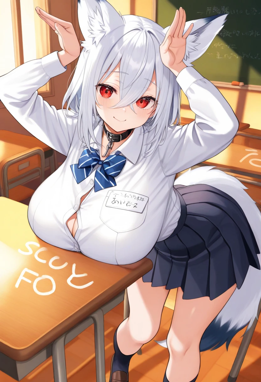 Silver Hair、Wolf ears、tail、Short Hair、Cool、boyish、Showing her 、??????? are visible、high school student、Cheeky look、peace sign、I feel、Squirting、classroom、????????????、I have two fingers in my ?????、Putting my finger deep in her ?????