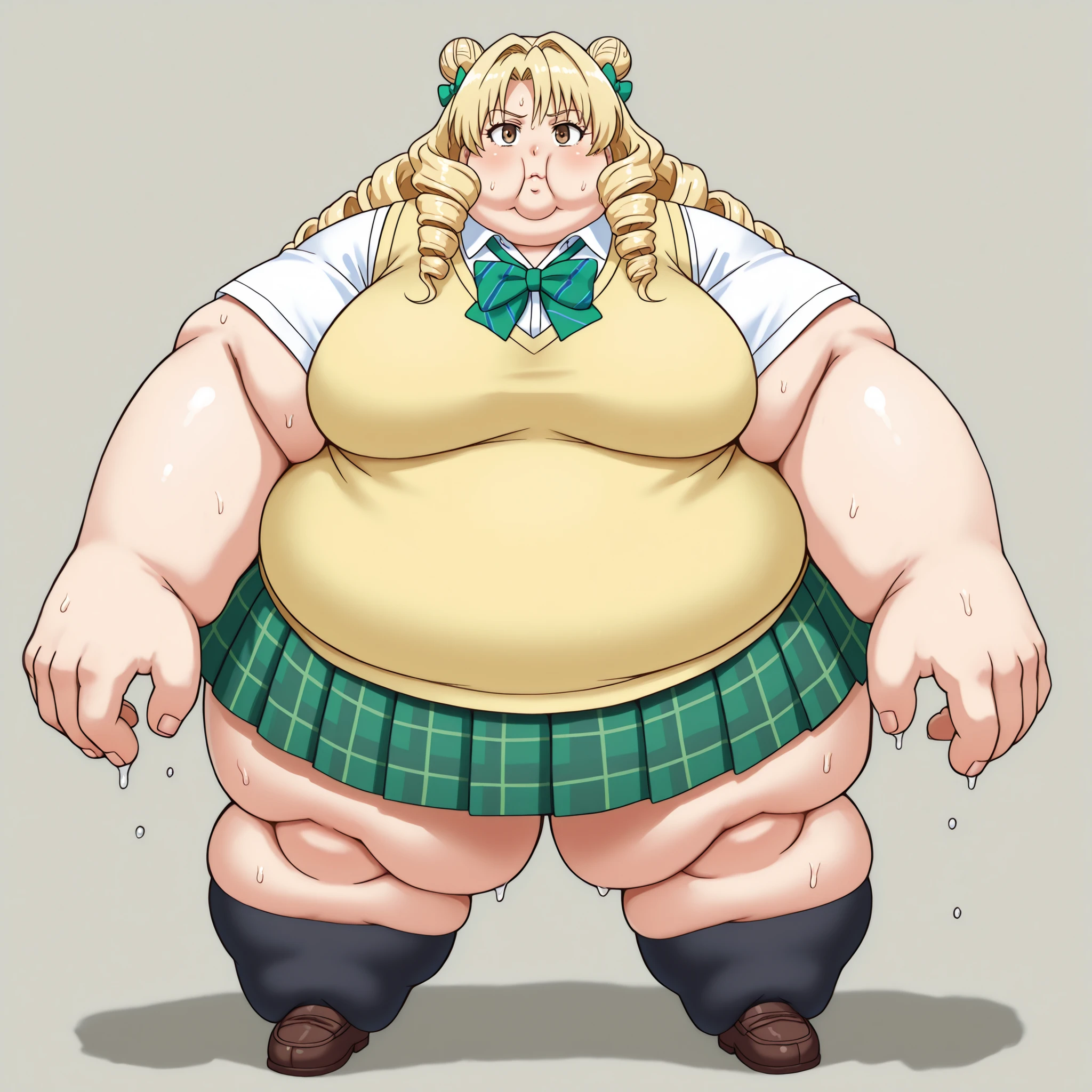 long hair,blonde hair,curly hair,double bun,twin drills,hair bow,hair ribbon,bangs,brown eyes
school uniform,sweater vest,yellow vest,white shirt,collared shirt,green bowtie,short sleeves,medium breasts,miniskirt,green skirt,plaid skirt,pleated skirt,black socks,loafers, blank_stare, empty_stare,  fat, chubby, obese, gigantic arms and legs, large breasts, sweating, wet body, swollen face, Fat_neck , Fat head , eyes with crushed cheeks , nose with crushed cheeks , mouth with crushed cheeks , chin roll,
only head, large head, oversized limbs, large hands, large feet, oversized feet, oversized fingers, big lips, plump lips, fat face, fupa, big fupa, fat fupa, 