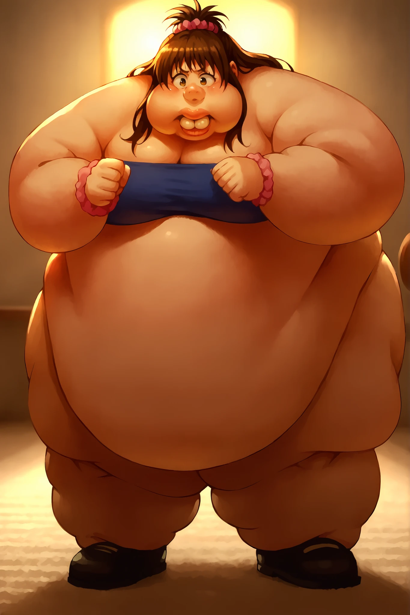 shoe and leg, large buck teeth, hand expanding in size and sprouting tawny Were-Rabbit fur, portrait, sharp focus, soft lighting,, , illustration, depth of field, (bloom:0.4), score_9, score_8_up, score_7_up, source_anime, mikan yuuki, brown eyes, brown hair, hair ornament, hair scrunchie, long hair, pink scrunchie, scrunchie, fat, chubby, obese, blue tube top,loincloth, a mawashi, sumo wrestler, shiko dachi stance, horse stance, big lips, puffy lips, full body shot