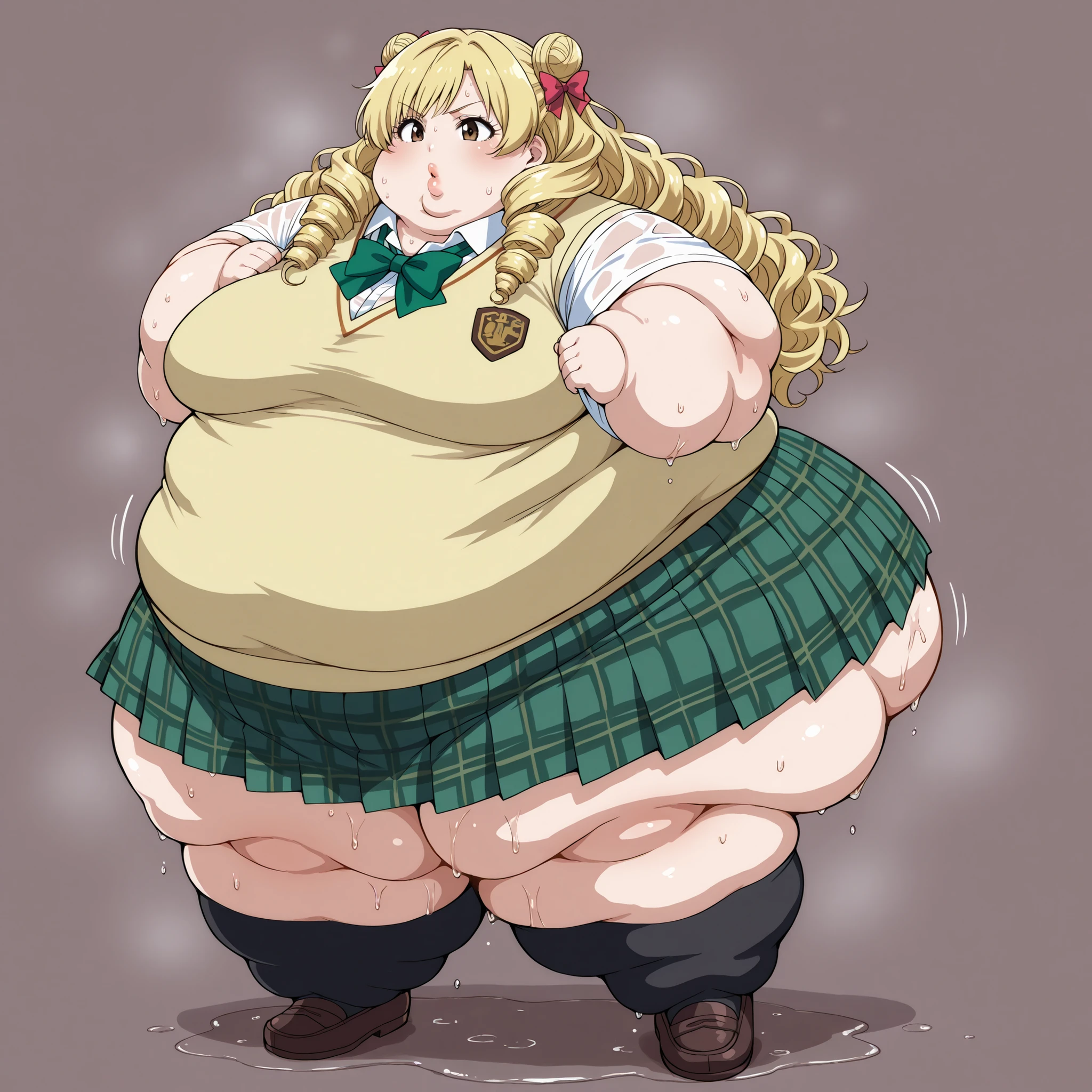 long hair,blonde hair,curly hair,double bun,twin drills,hair bow,hair ribbon,bangs,brown eyes school uniform,sweater vest,yellow vest,white shirt,collared shirt,green bowtie,short sleeves,medium breasts,miniskirt,green skirt,plaid skirt,pleated skirt,black socks,loafers, sweating, wet body,, fat, chubby, obese,, large breasts big lips, thick lips, fat lips, full body shot 
