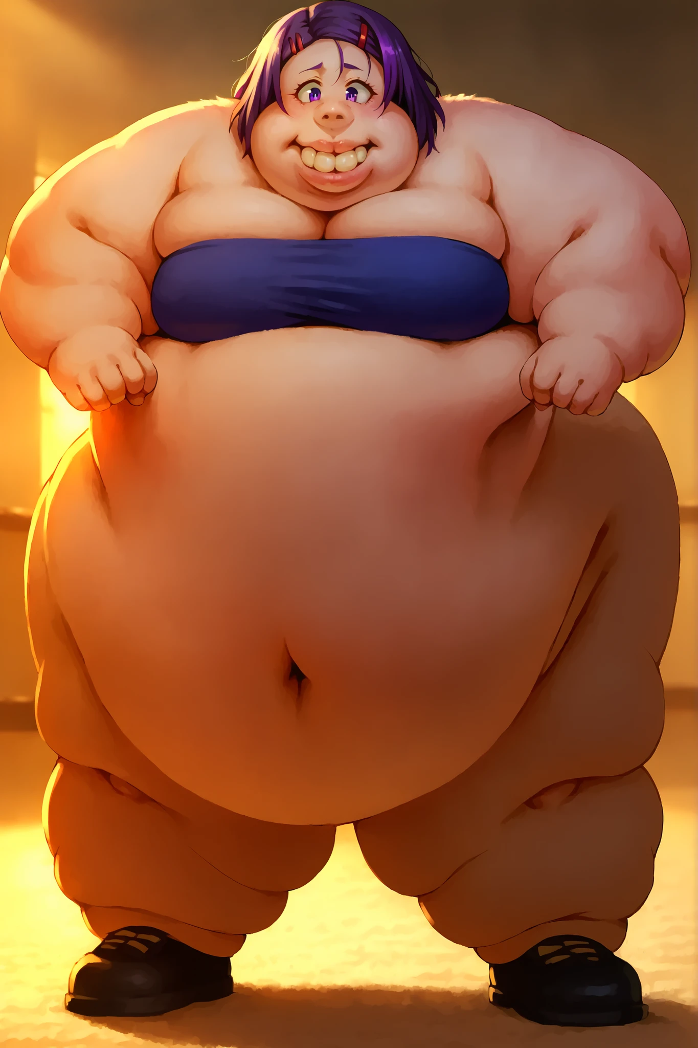 shoe and leg, large buck teeth, hand expanding in size and sprouting tawny Were-Rabbit fur, portrait, sharp focus, soft lighting,, , illustration, depth of field, (bloom:0.4), score_9, score_8_up, score_7_up, source_anime, haruna sairenji, hair ornament, hairclip, purple eyes, purple hair, short hair, swept bangs, forehead, fat, chubby, obese, blue tube top,loincloth,  a mawashi, sumo wrestler, shiko dachi stance, horse stance, big lips, puffy lips, full body shot 