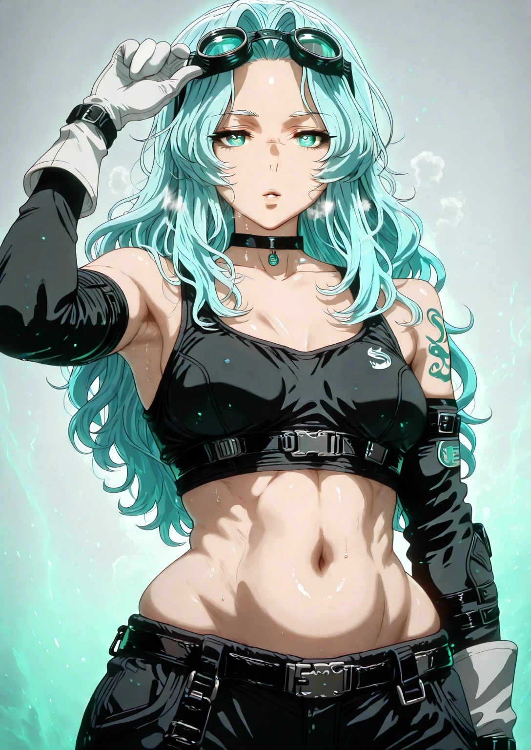 Hgk, (yoshio_(55level)-style:1.4), (imizu_(nitro_unknown)-style:1.3), (gin_moku-style:1.2), (aelion_draws-style:1.2), ((Cinematic, unreal engine, eye-catching, ambient occlusion, UHD, masterpiece)), ((perfect lighting, rim lighting)), comic, score_9, score_8_up, score_7_up, score_6_up, score_5_up, score_4_up, uncensored, detailed background, vignetting, masterpiece, Cinematic, high quality, absurdres, best quality, very aesthetic, newest, digital art, trending on ArtStation, ((anatomical correct)), perfect body, perfect eyes, perfect fingers, gasping, heavy breathing, gasping profusely, cinematic, ((skindentation)), ((curvy)), mature female, eva aesland, long hair, light-blue hair, aqua eyes, glasses, parted bangs, ((small breasts)), bright pupils, plump, 1girl, breasts, solo, goggles_on_head, gloves, goggles, navel, choker, looking_at_viewer, muscular_female, belt, grey_background, muscular, parted_lips, elbow_gloves, white_gloves, eyewear_on_head, collarbone, midriff, simple_background, tank_top, pants, bare_shoulders