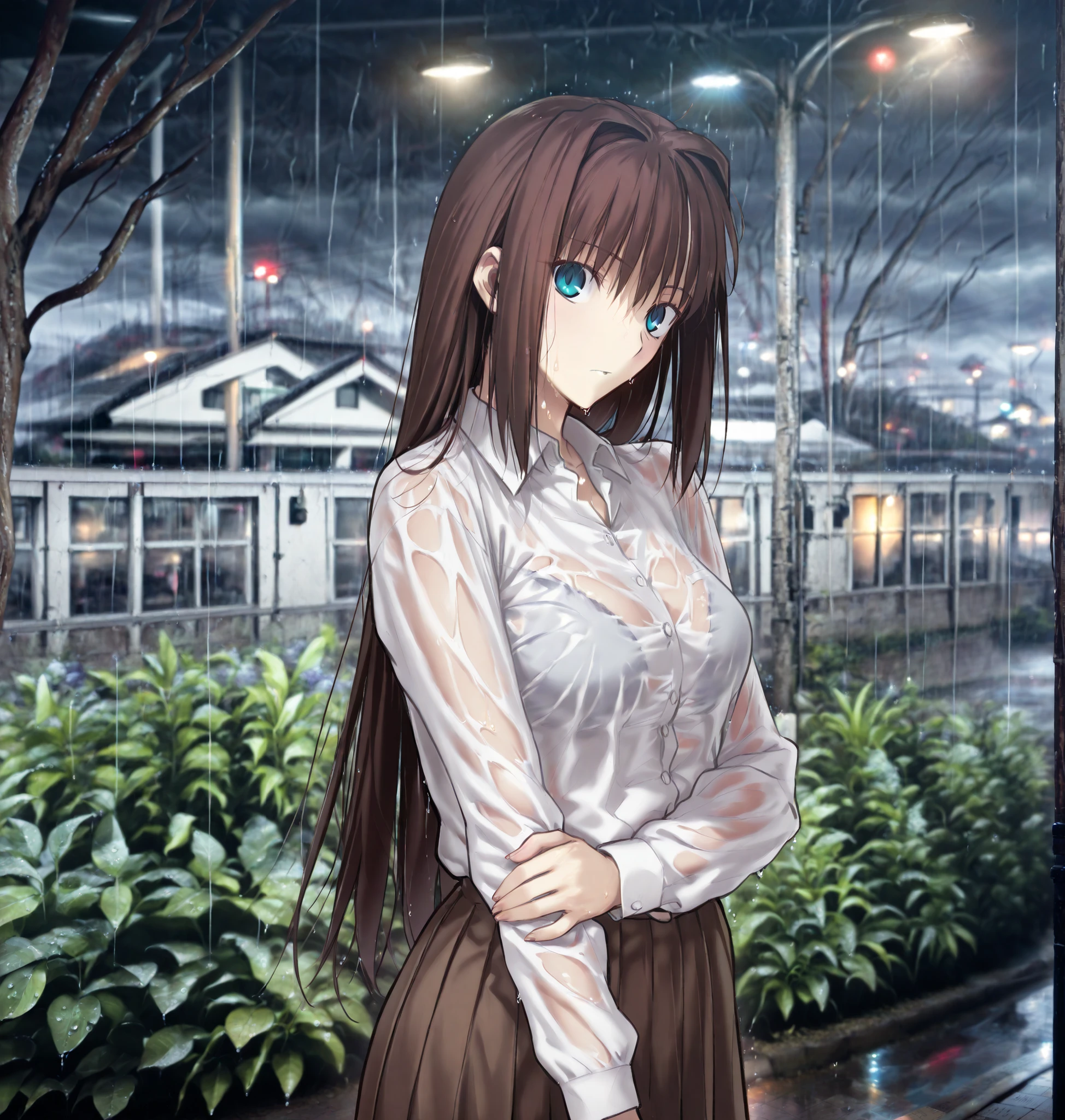 masterpiece, , absurdres, highres, detailed background, high resolution, necessary, detail, best quality, quality, details, High details, Precise, ,outdoors,((detailed background, photo background, blurry background)),,from side,(dark ,rain, ), upper body shot,
1girl, solo, (type-moon,) style, koyama hirokazu style, (aged up:1.2) , ,head tilt, hold own arm,
tall girl, ,long arms,(slim body, ),aozaki aoko, ,school uniform, brown hair, long hair, dark blue eyes, hair intakes ,pleated skirt, brown skirt, (white shirt, collared shirt), wet body, ,light see-through:0.1, loose fit shirt,, ,looking at viewer, medium breasts, , ,